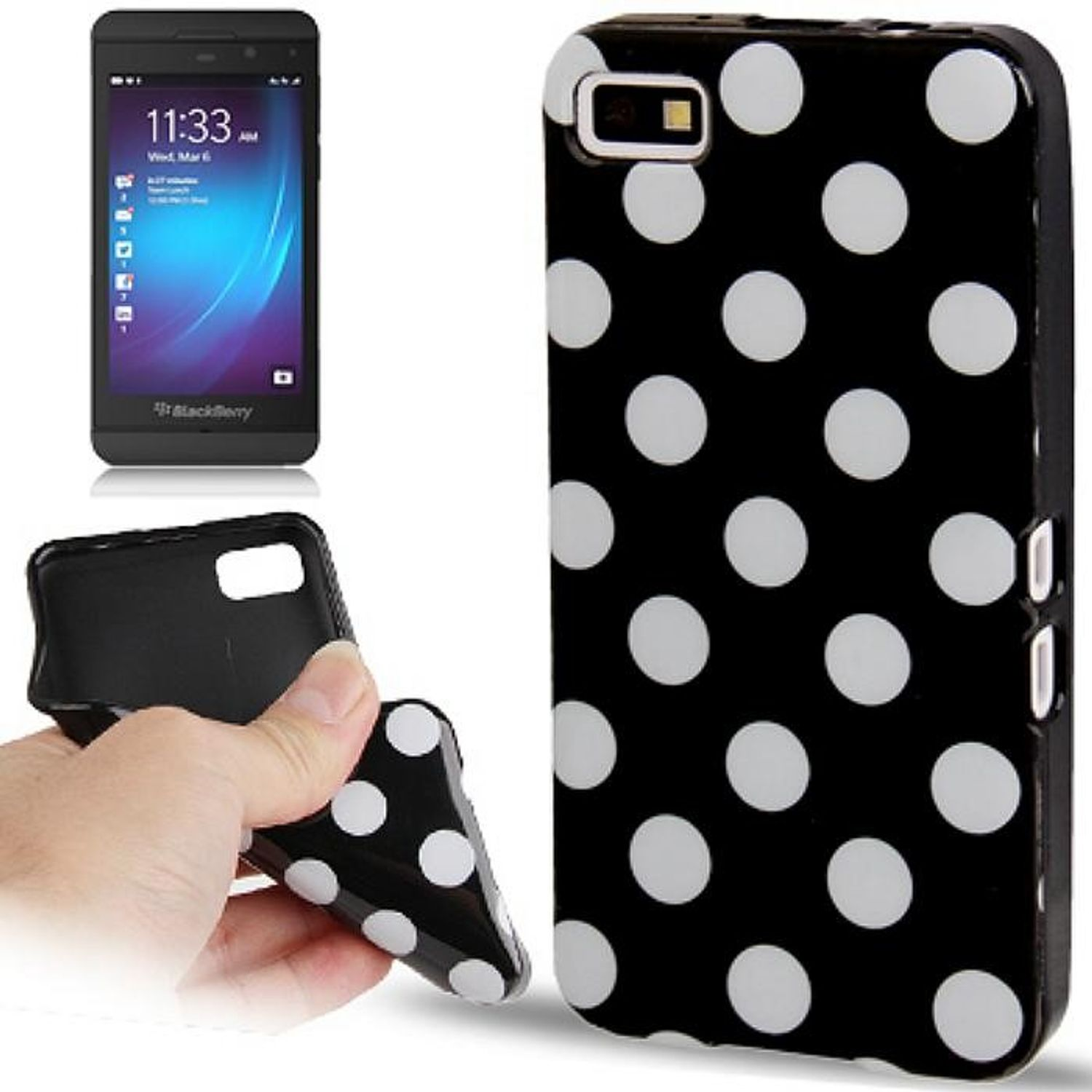 Schwarz-weiß gepunktete Handyhülle. Telefon und Hülle separat gezeigt. Schwarzes Blackberry-Telefon.
