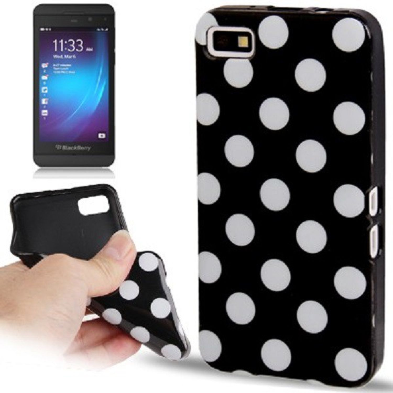 Schwarze Handyhülle mit weißen Punkten. Vor der Hülle befindet sich ein Telefon.
