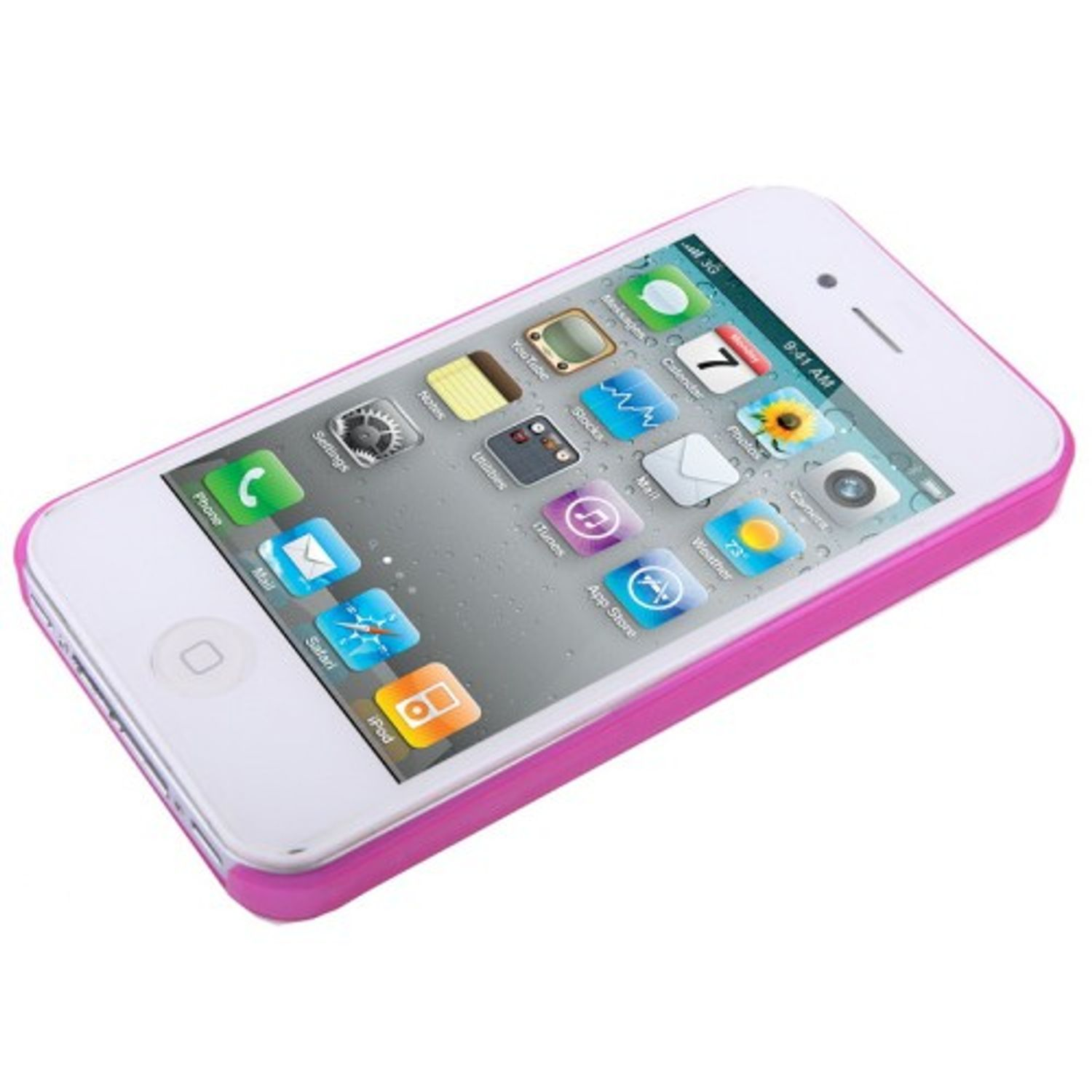 Ein weißes iPhone mit einer rosa Hülle.