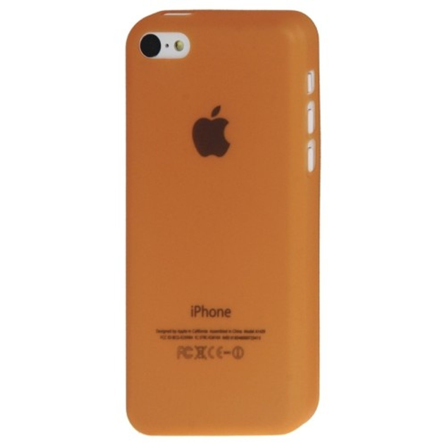 Orangefarbene iPhone-Hülle, Rückansicht, mit Apple-Logo und Text.