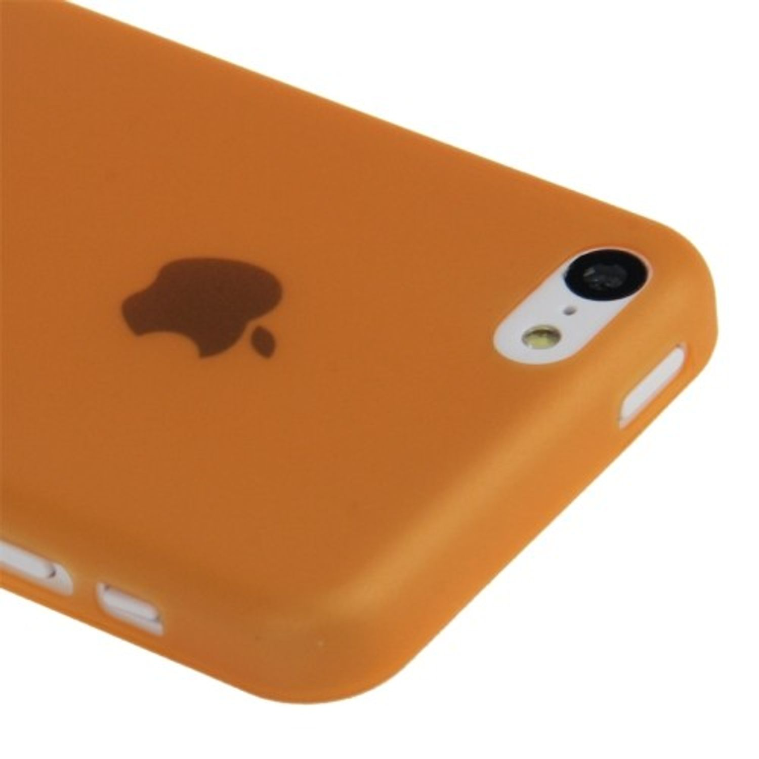 Orangefarbene Handyhülle. Zeigt die Ecke eines Telefons mit Kamera und Tasten.