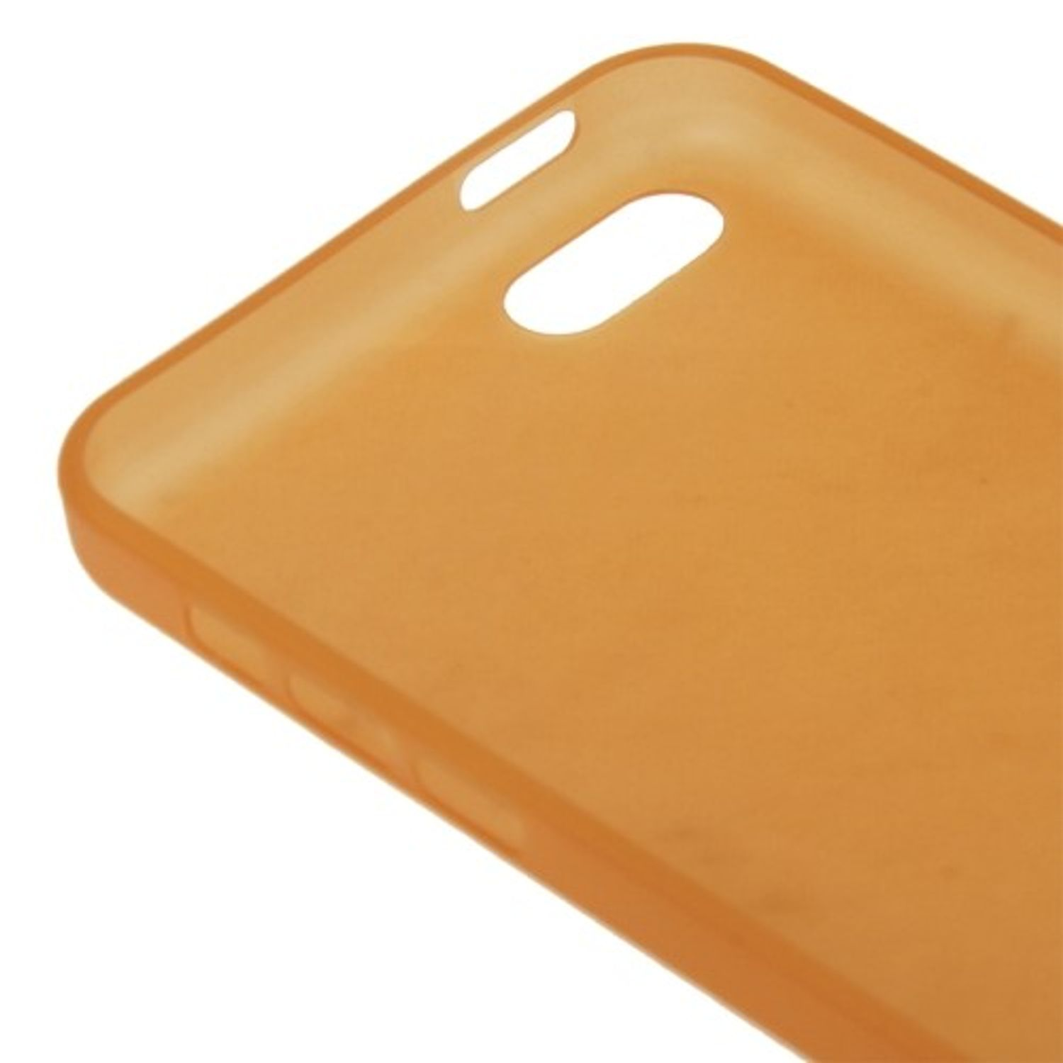 Eine orangefarbene Handyhülle mit einem Ausschnitt für die Funktionen des Telefons, aus der Vogelperspektive gesehen.