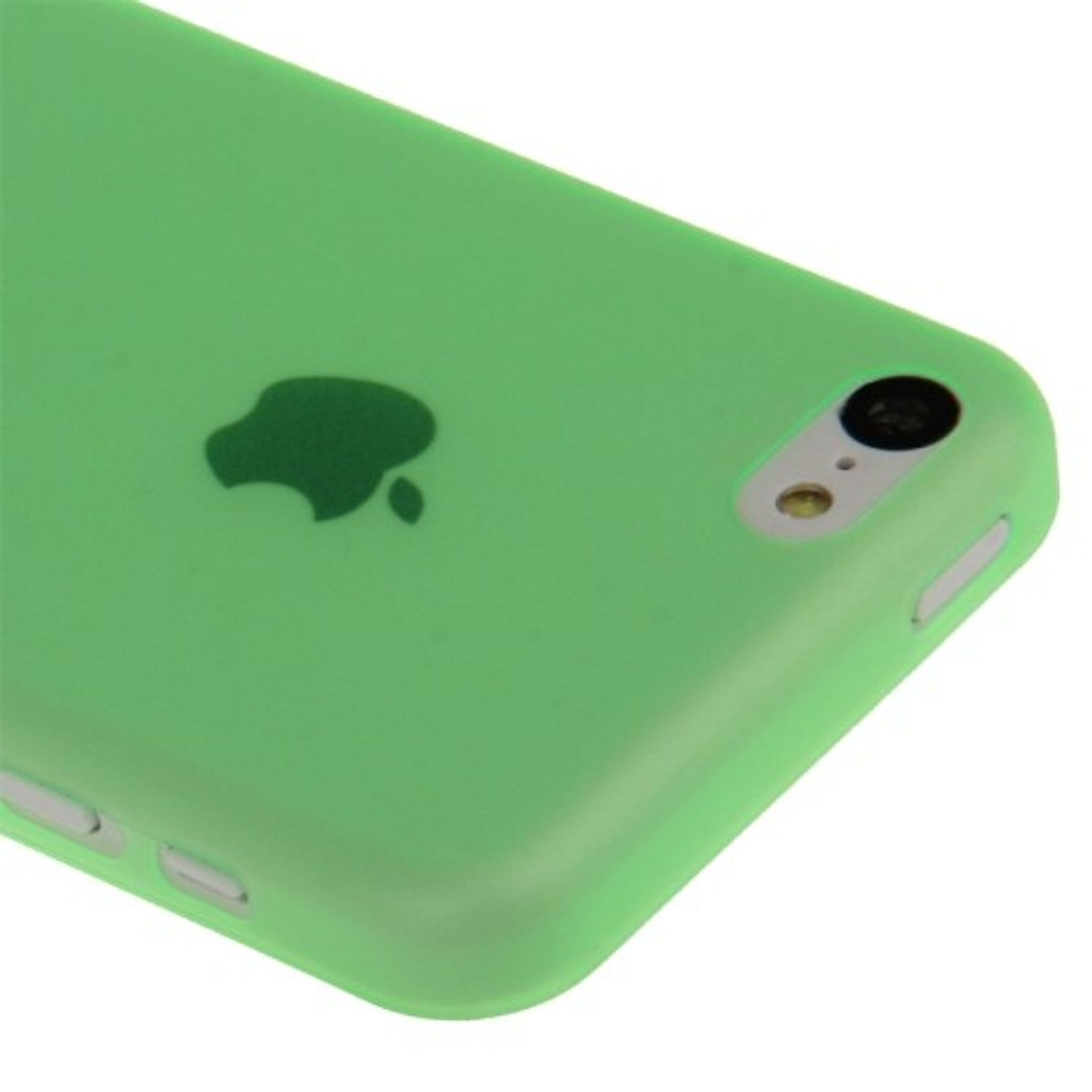 Grüne Handyhülle mit Apple-Logo und Kamera. Die Handyhülle ist einfarbig grün.