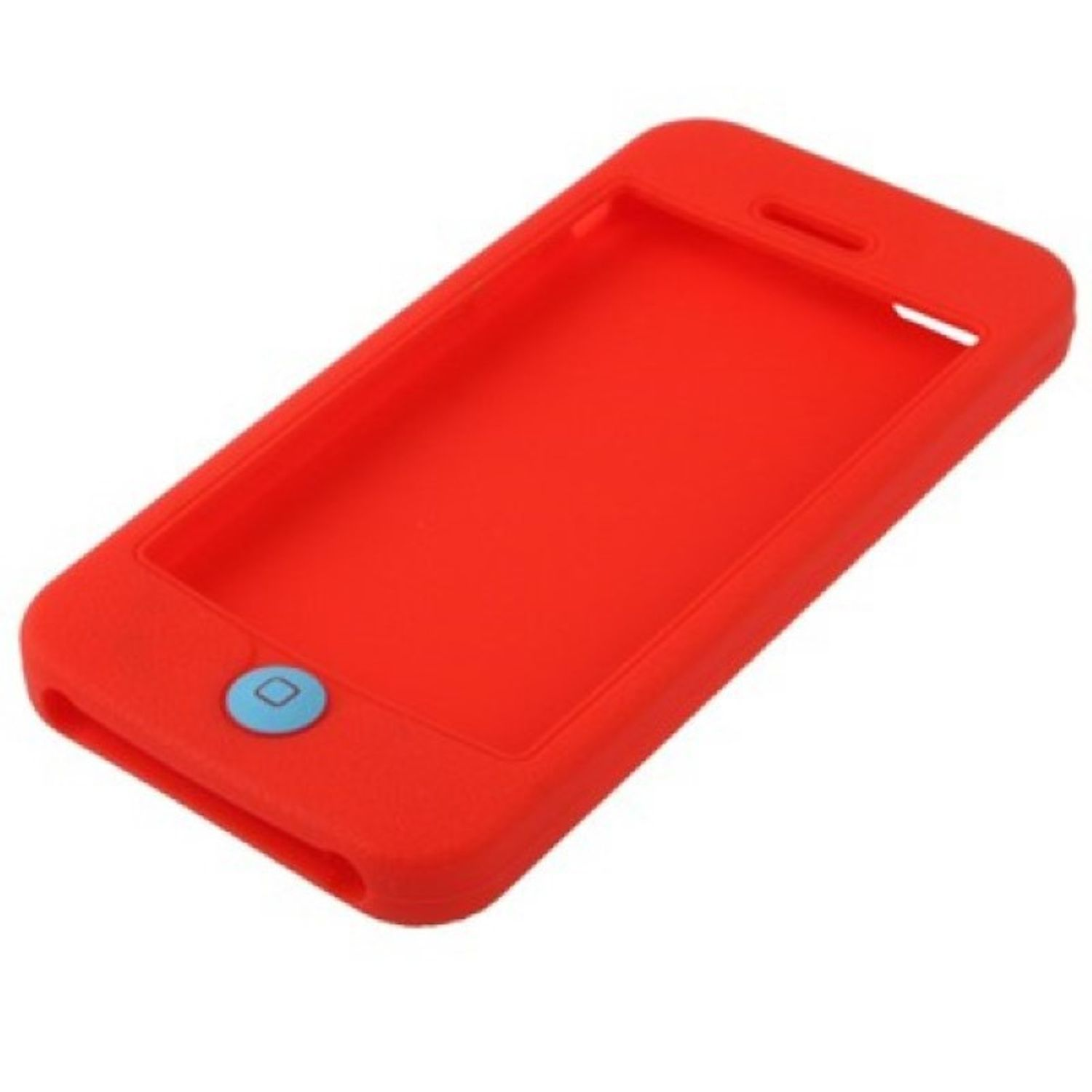 Rote Handyhülle. Die Hülle ist durchgehend rot mit einem blauen Home-Button.
