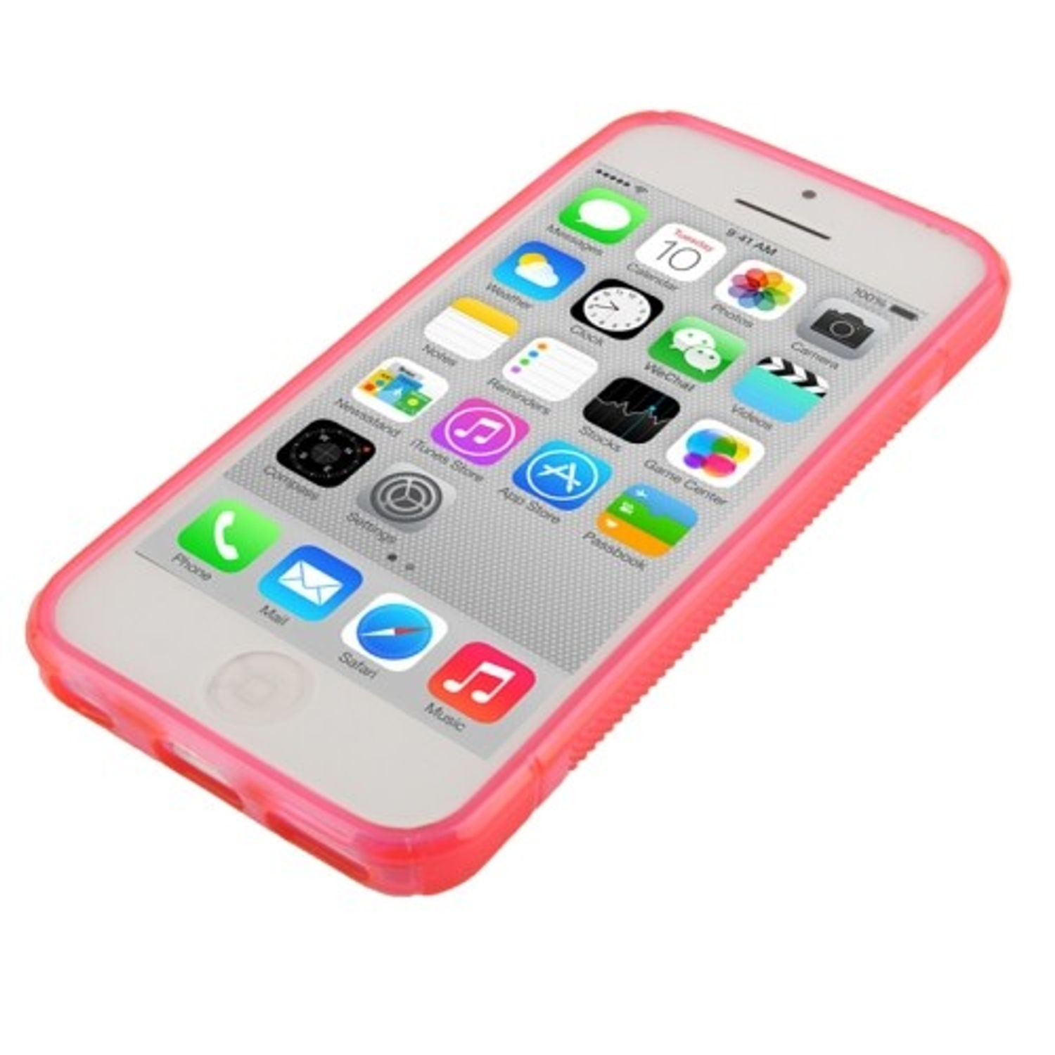 Telefon in rosa Hülle. Das Telefon ist weiß, mit Apps auf dem Bildschirm.
