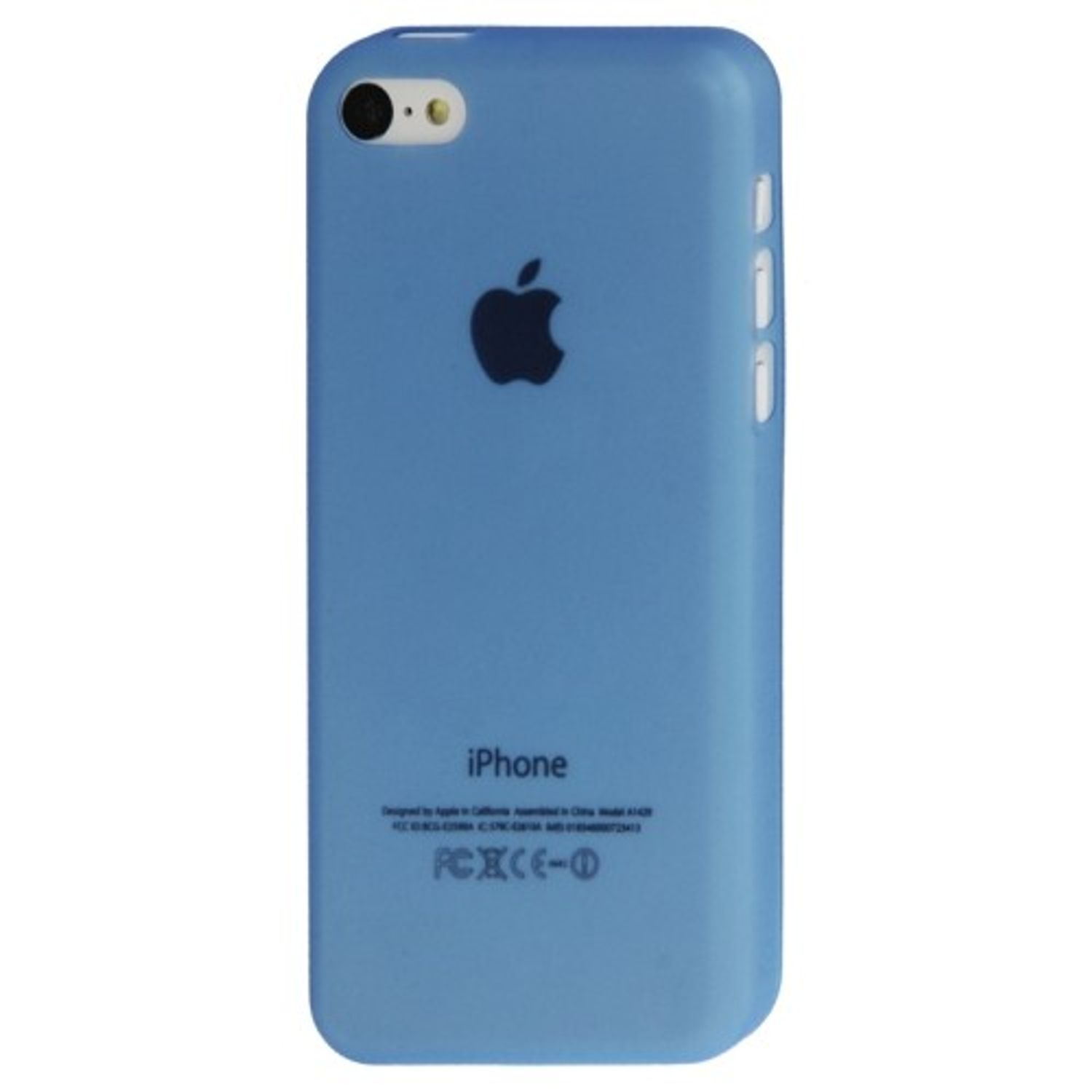 Blaue Handyhülle mit Apple-Logo und dem Wort iPhone darauf.