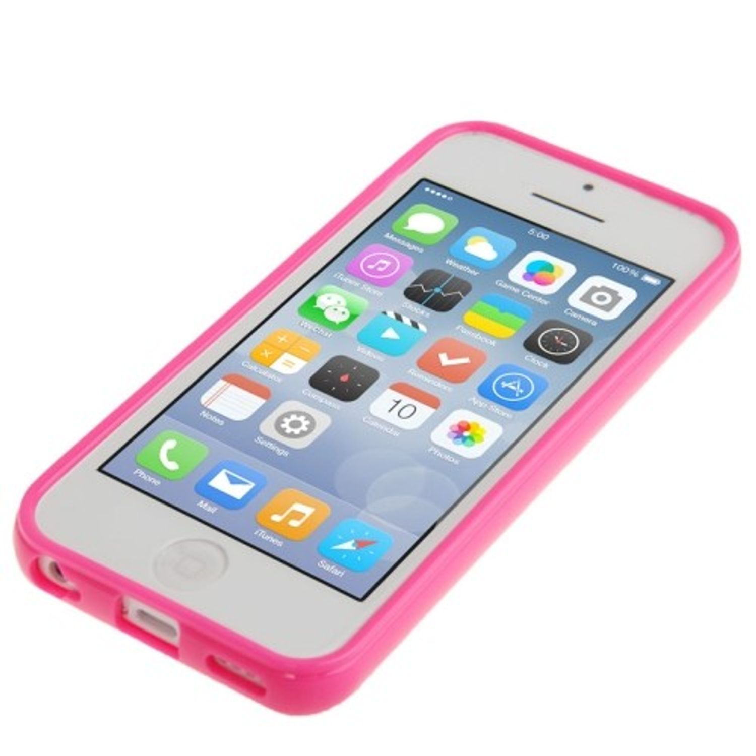 Weißes iPhone in rosa Hülle, zeigt den Bildschirm mit Apps. Weißer Hintergrund.
