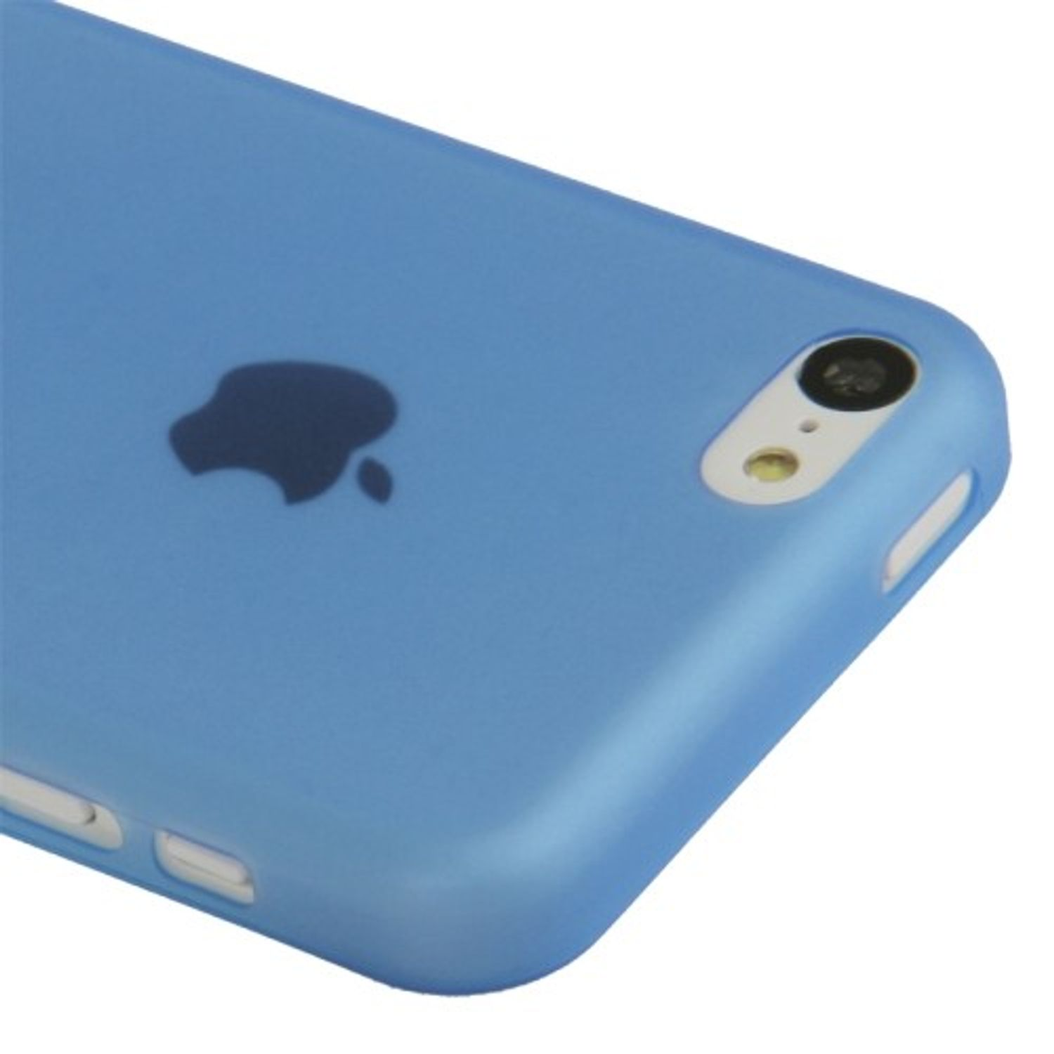 Eine hellblaue Handyhülle mit Apple-Logo und Kameraausschnitt. Die Hülle ist glatt.