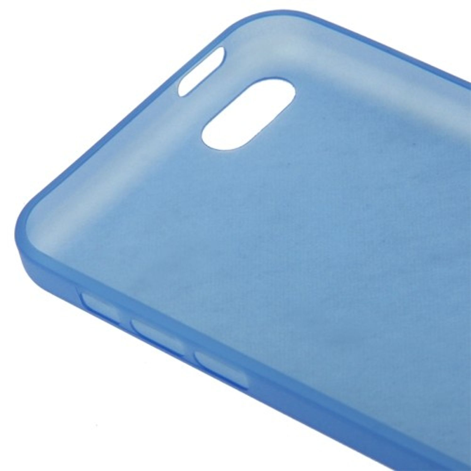 Blaue Handyhülle ohne Telefon. Die Hülle hat Öffnungen für Knöpfe und Kamera.