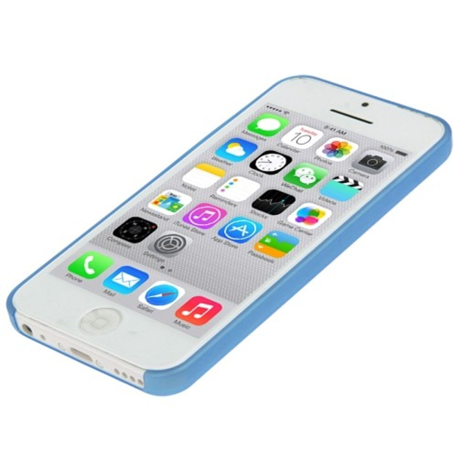 Weißes Smartphone mit blauer Hülle, das App-Symbole auf weißem Hintergrund anzeigt.