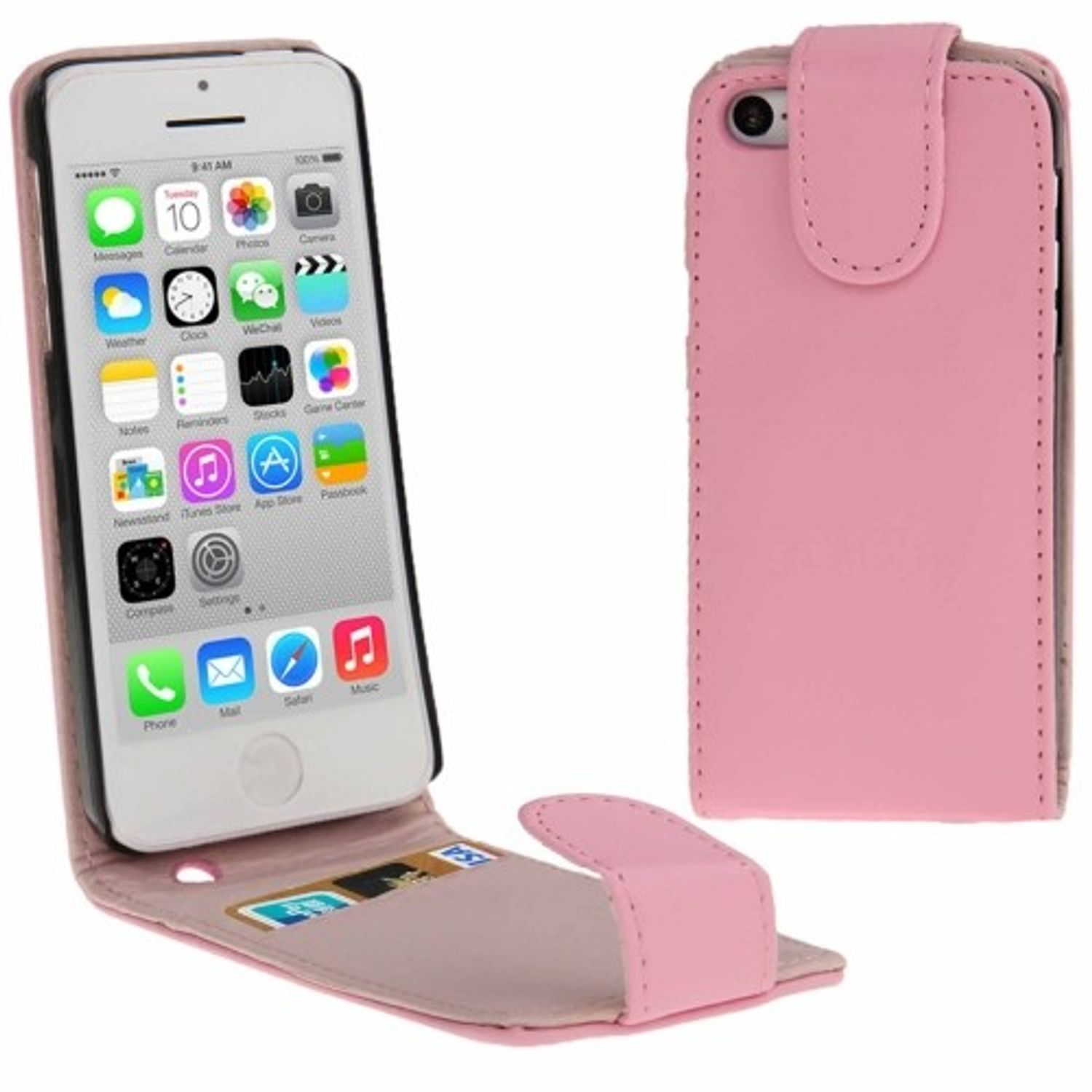 iPhone in pinker Hülle, geöffnet. Kartenfächer sichtbar. Weißer Hintergrund.