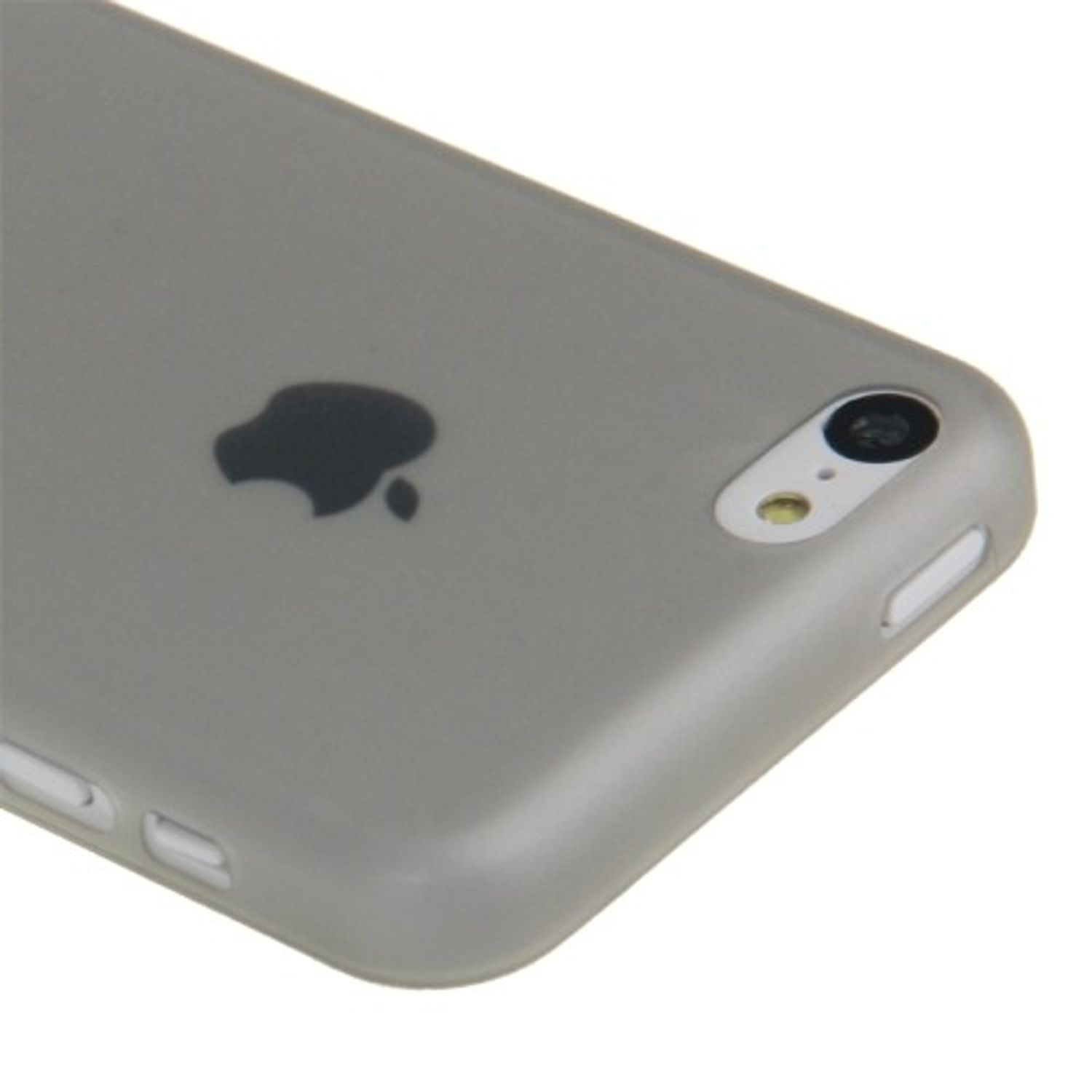Graue Handyhülle mit Apple-Logo, Kamera und Knopf sichtbar, weißer Hintergrund.