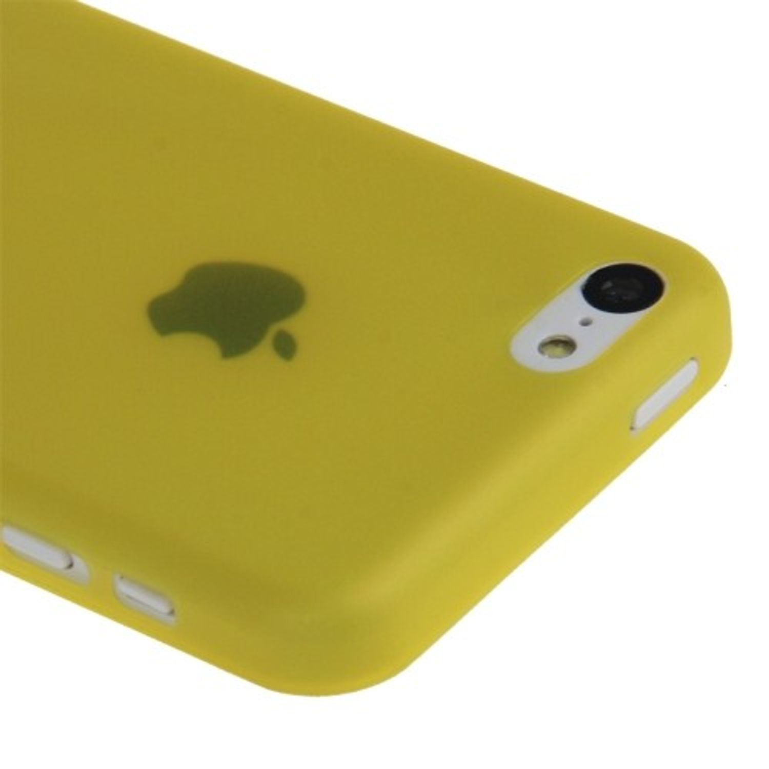 Gelbe Handyhülle mit Apple-Logo auf der Rückseite auf weißem Hintergrund.