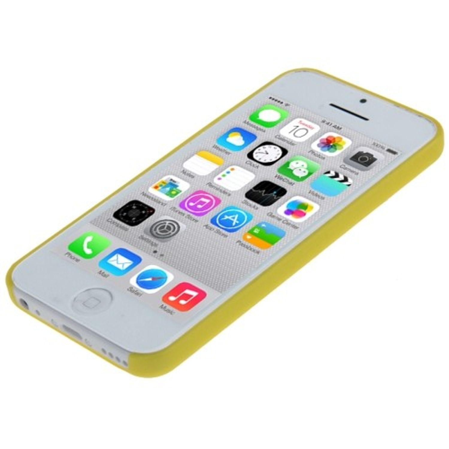 iPhone mit gelbem Gehäuse. Telefon ist eingeschaltet. App-Symbole sichtbar. Weißer Hintergrund.