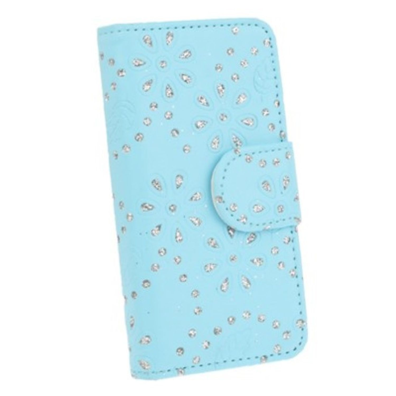 Hellblaue Handyhülle mit Blumen- und Glitzermustern. Sie hat einen Verschluss. Weißer Hintergrund.