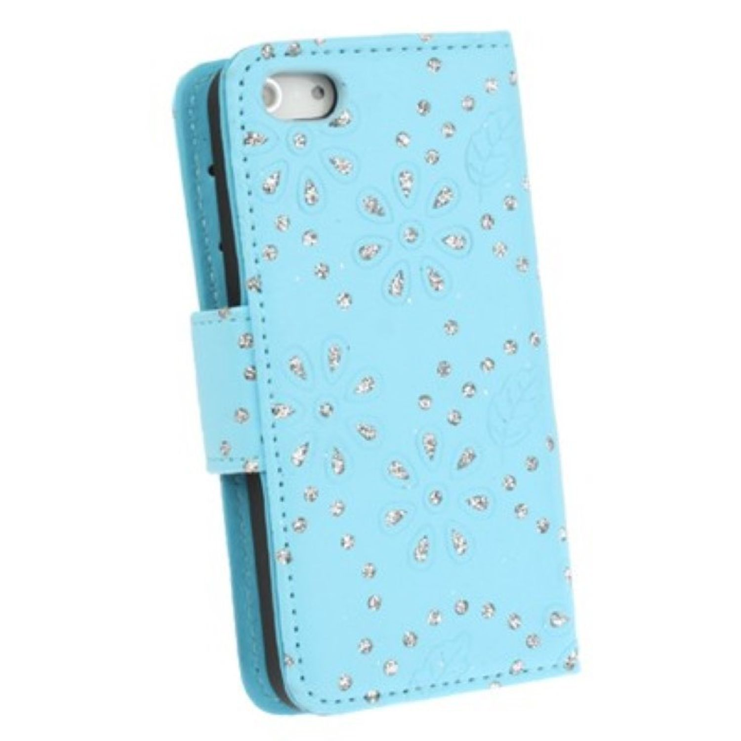 Hellblaue Handyhülle mit floralem Design und silbernen Glitzer. Weißer Hintergrund.