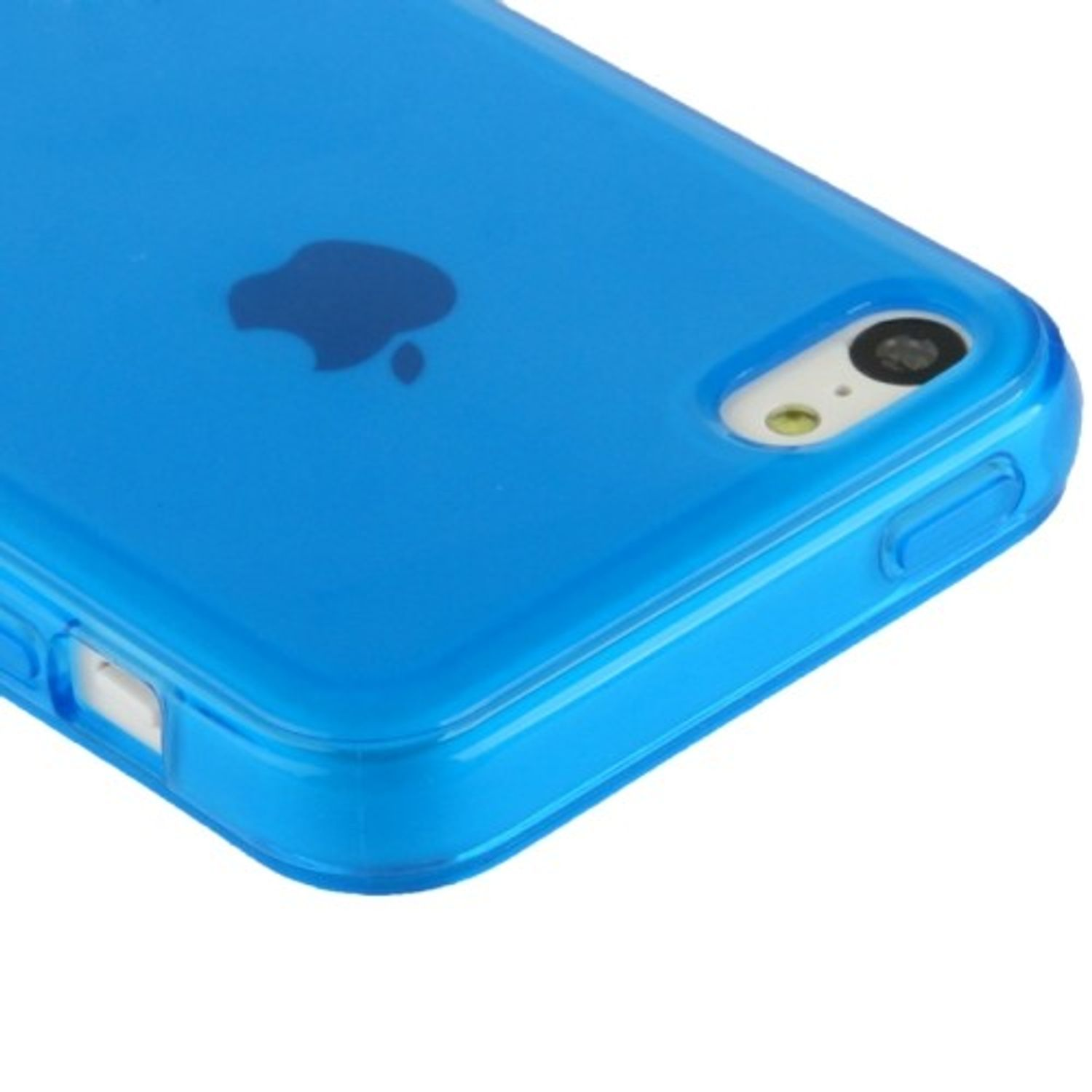 Blaue Handyhülle. Apple-Logo sichtbar. Kameraöffnung im Blick. Weißer Hintergrund.