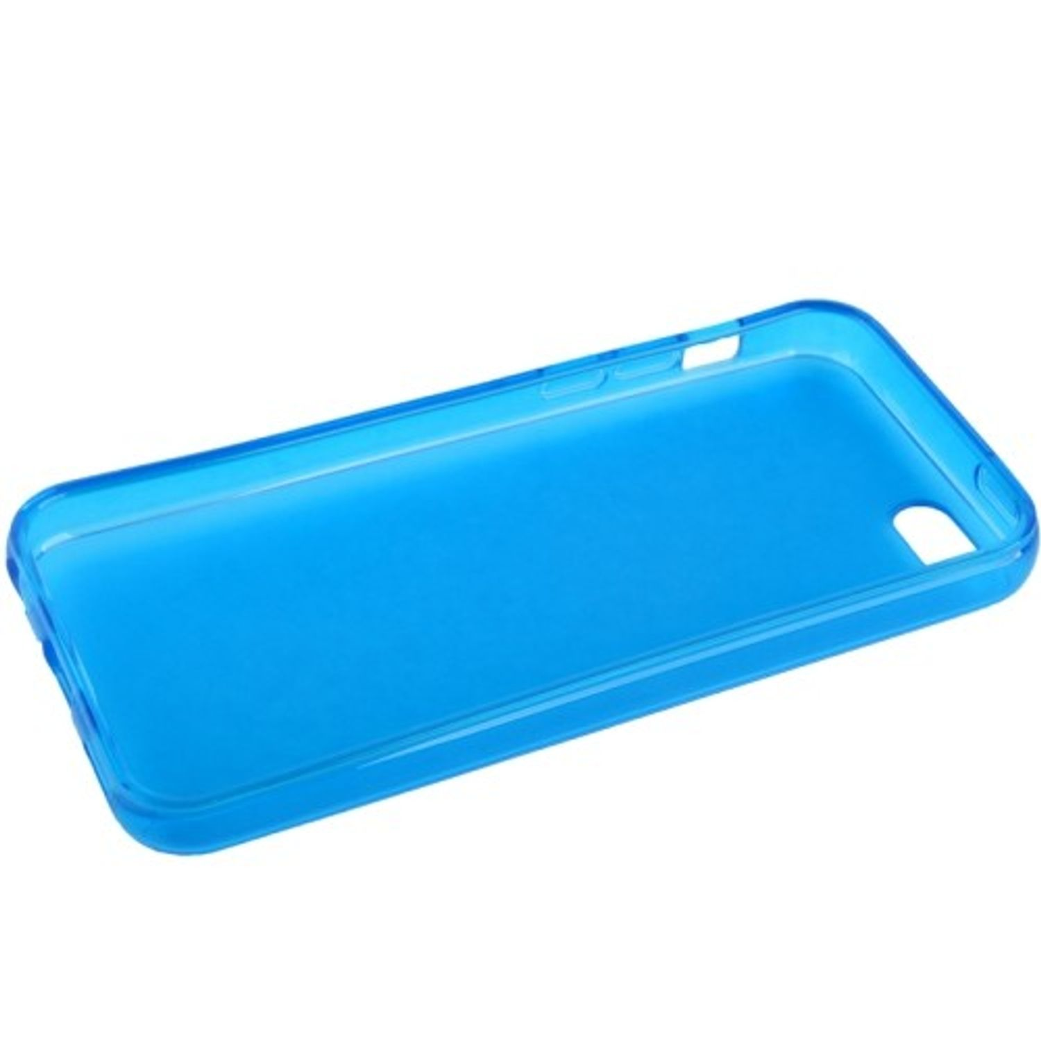 Blaue transparente Handyhülle auf einer weißen Oberfläche.