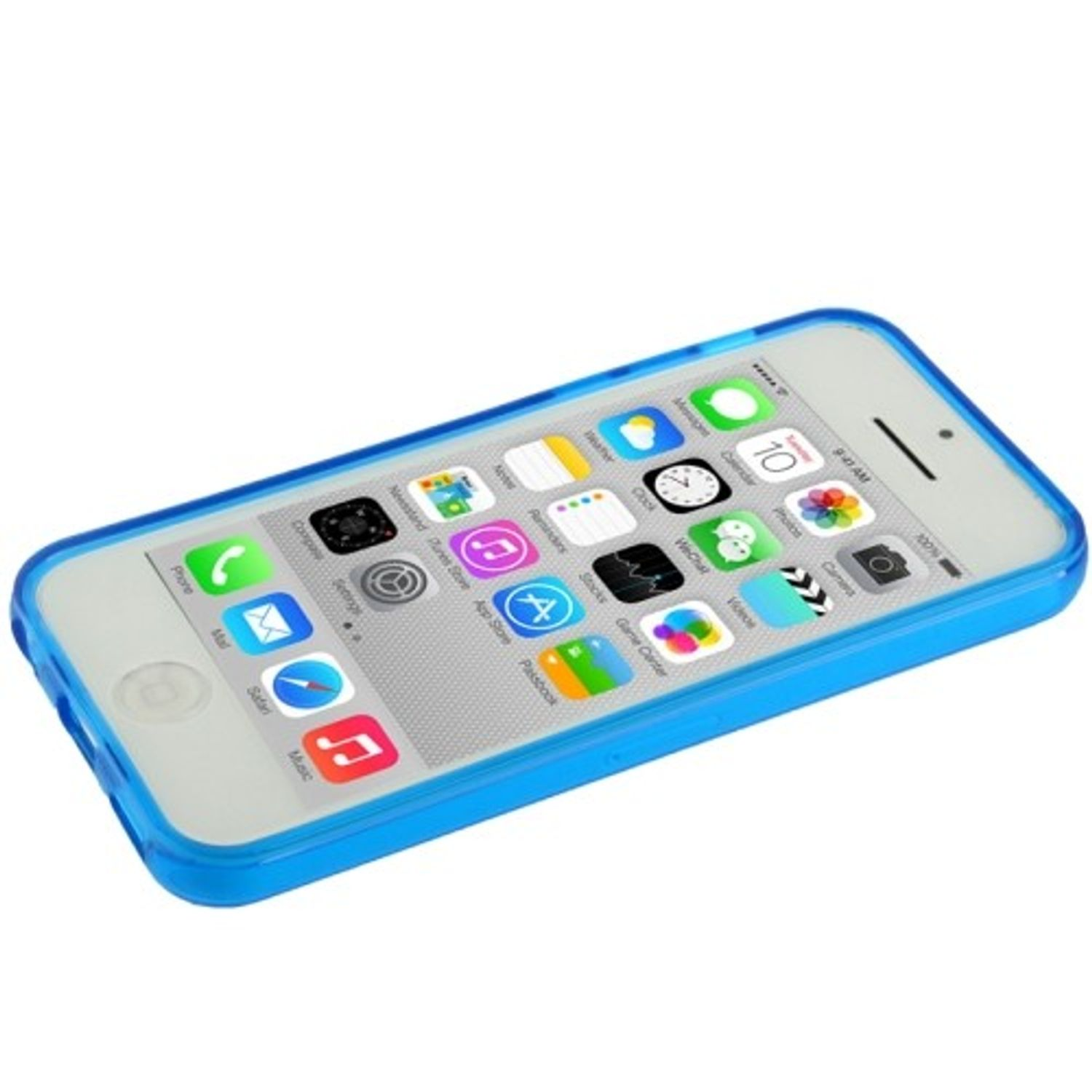 Weißes iPhone mit blauem Gehäuse. Das Telefon zeigt Apps auf dem Bildschirm.