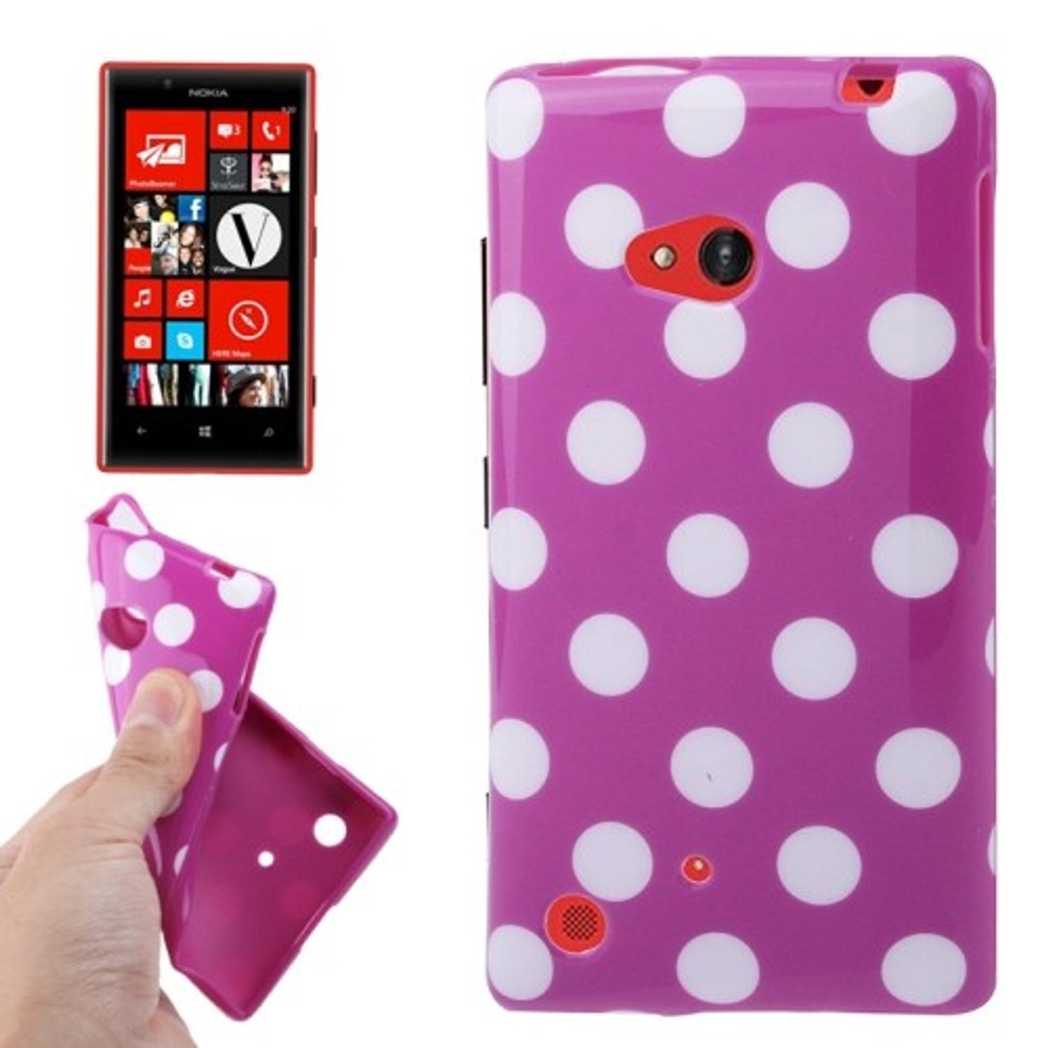 Eine lila Handyhülle mit weißen Punkten. Neben der Hülle wird ein Telefon gezeigt. Eine Hand hält die Hülle.