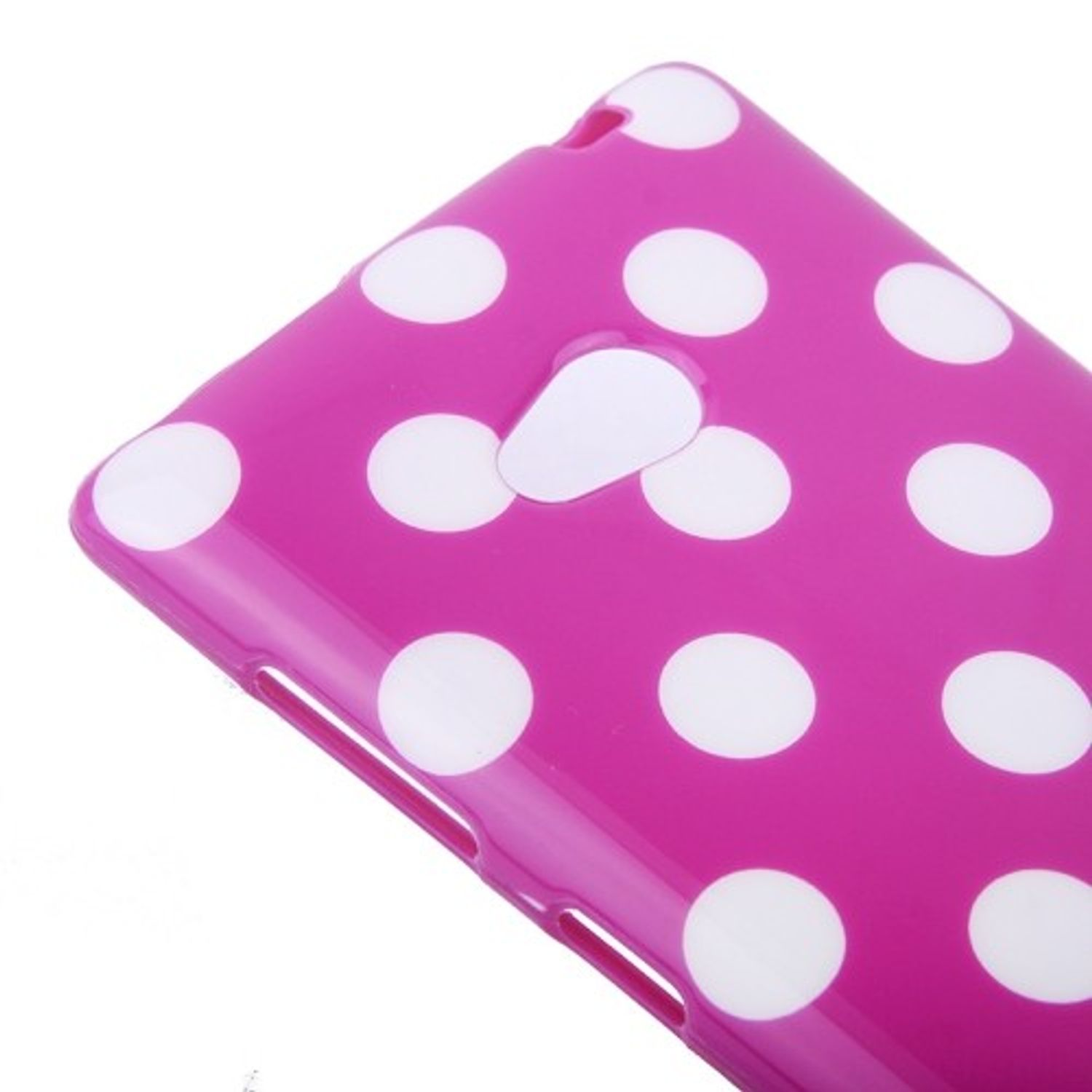 Rosa Handyhülle mit weißen Polka-Dots. Die Hülle ist glänzend und hat Aussparungen für Kamera und Tasten.