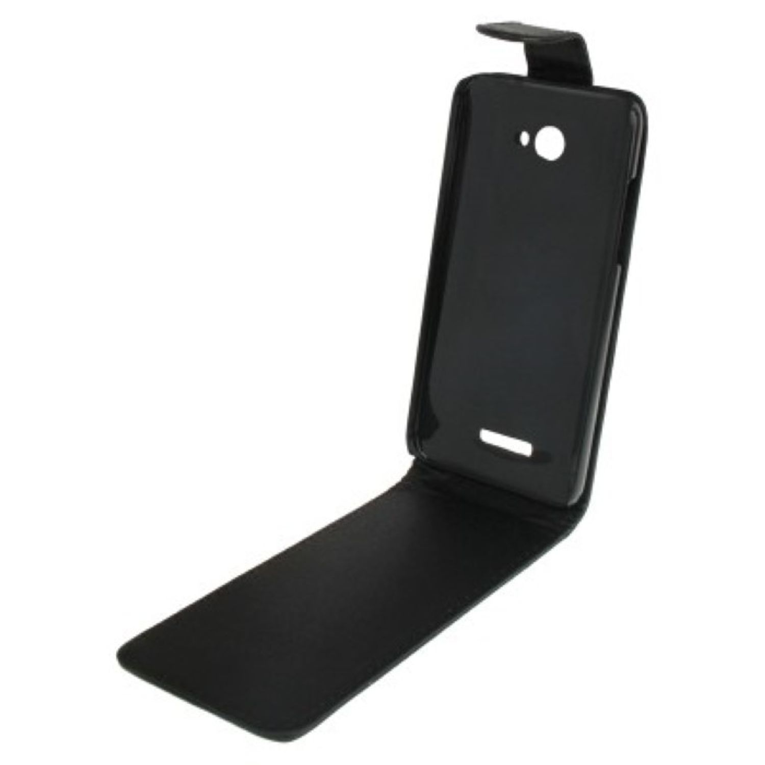Schwarze Klapp-Handyhülle geöffnet, mit dem Telefon im Inneren.