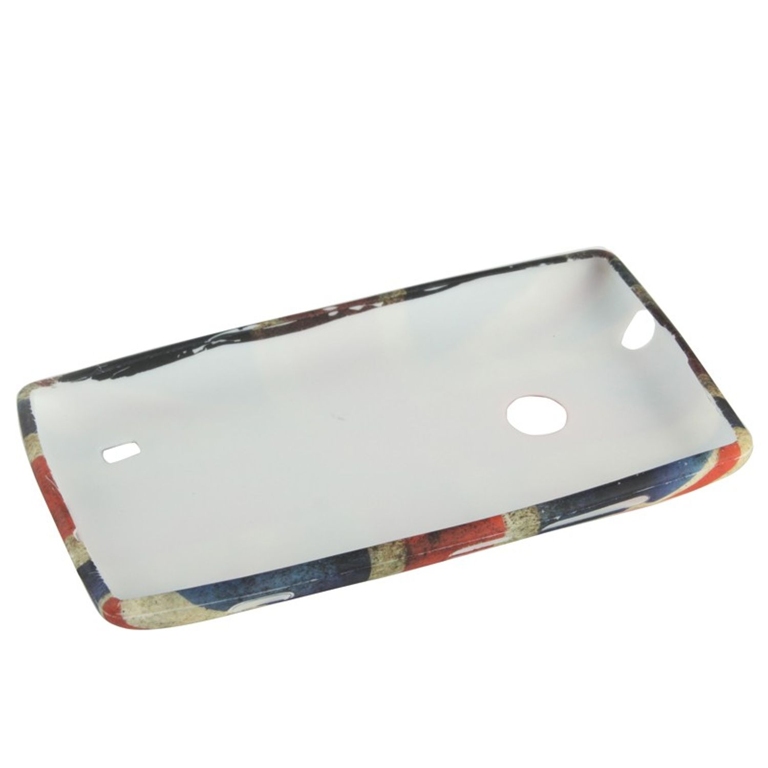 Handyhülle mit Union Jack-Design. Weißer Innenraum. Winkelaufnahme. Enthält Aussparungen.