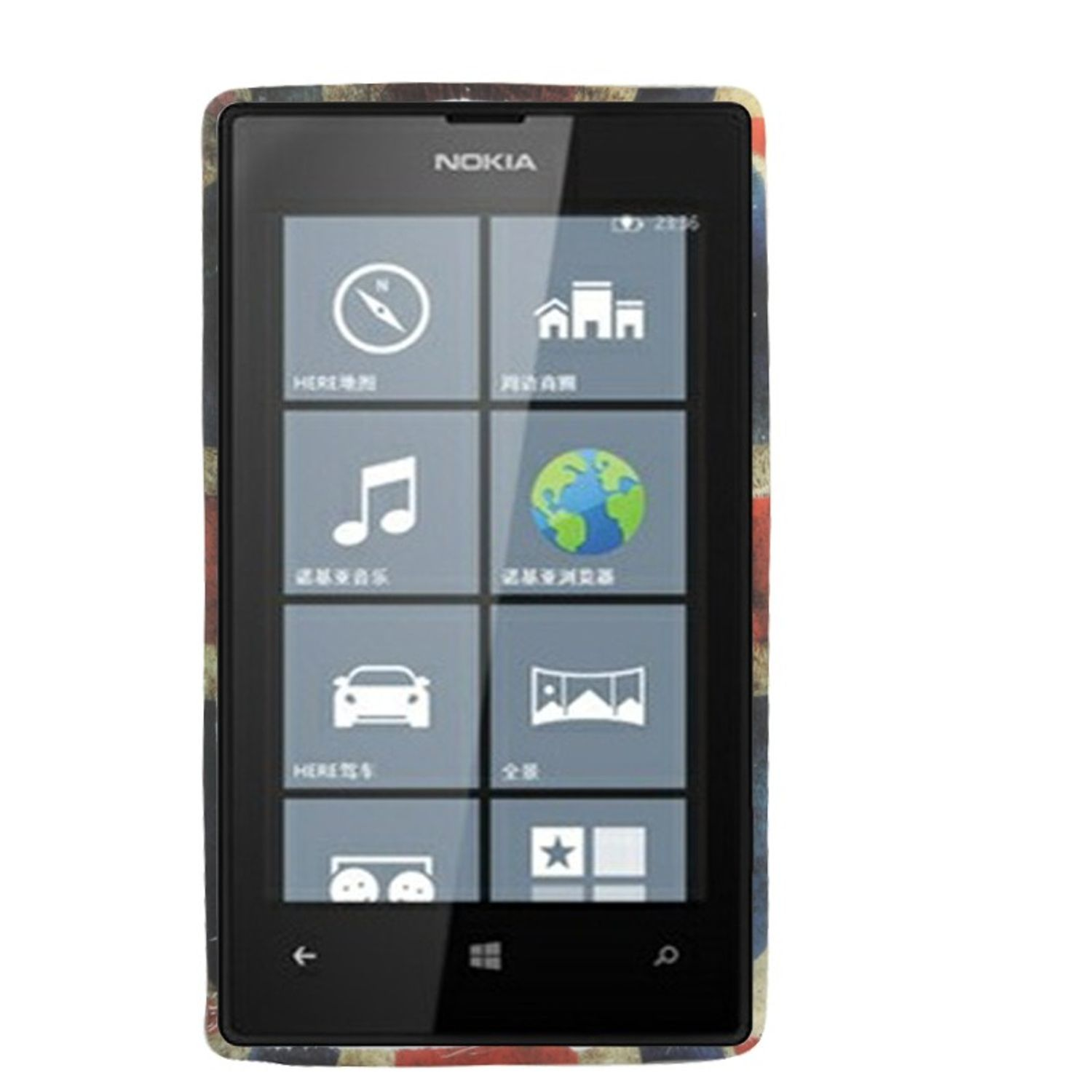 Nokia-Telefon mit verschiedenen App-Symbolen auf dem Bildschirm, in einer Hülle mit Union Jack-Design.
