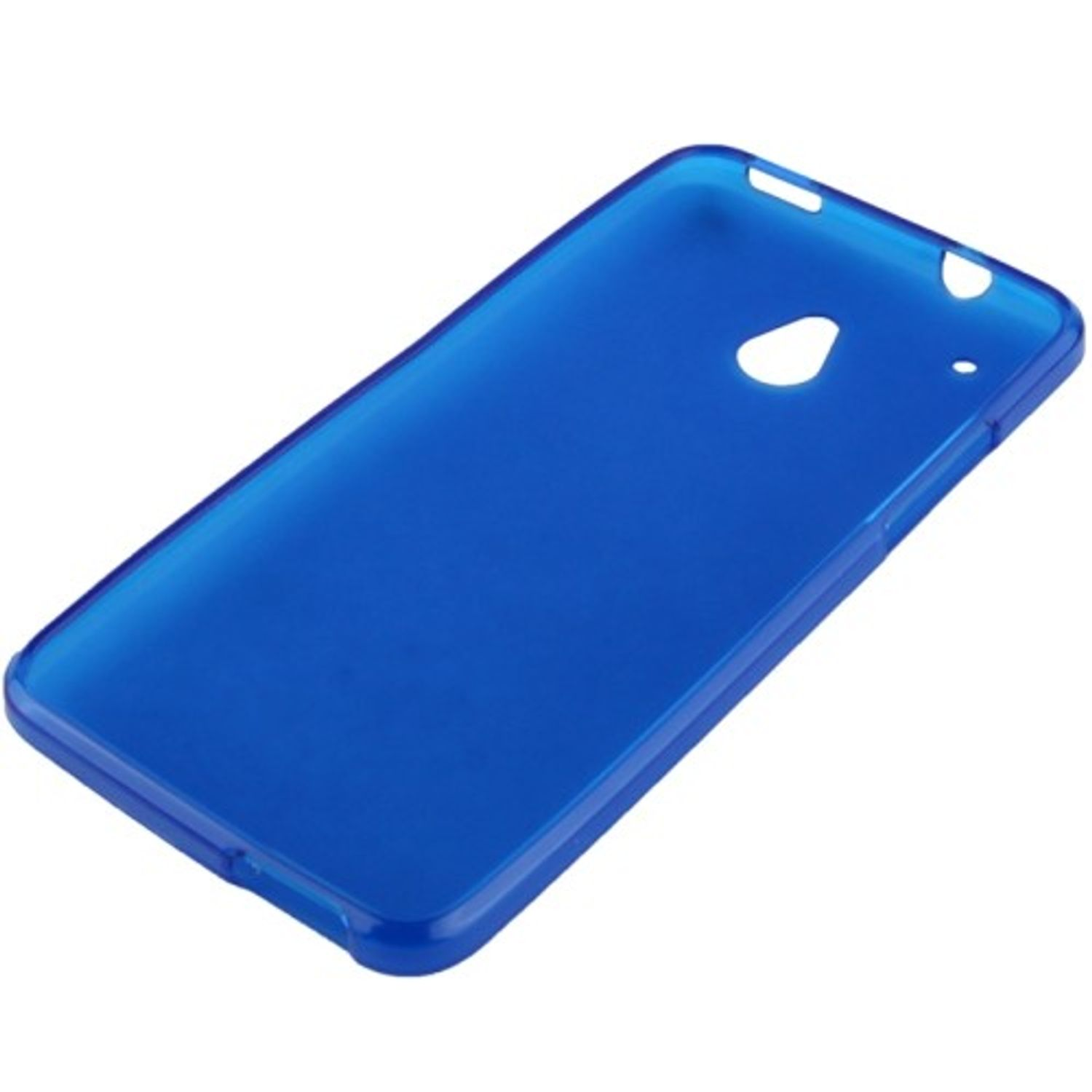 Blaue Handyhülle auf weißem Hintergrund. Die Handyhülle besteht aus Kunststoff.