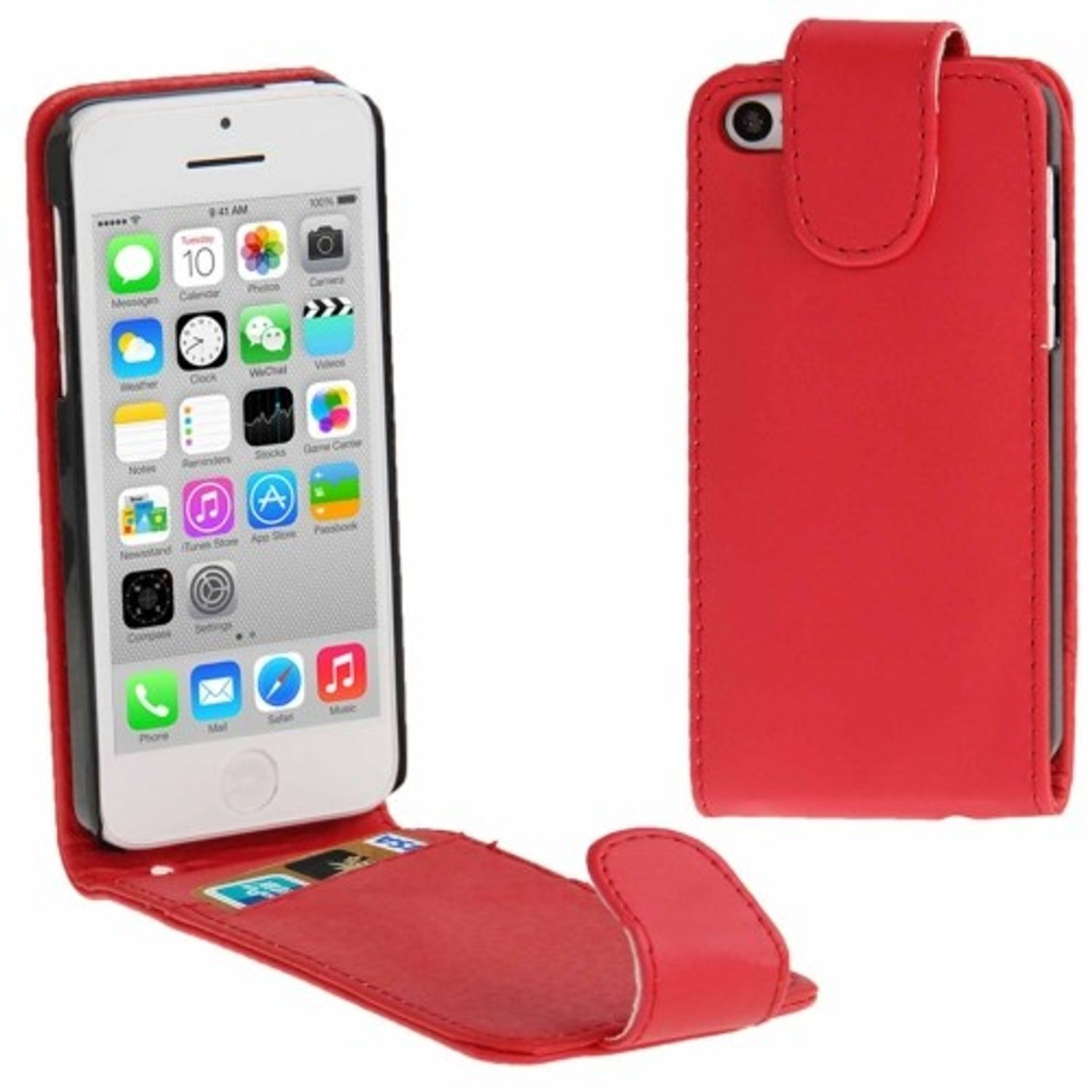 Rote Handyhülle mit weißem Telefon. Der Telefonbildschirm zeigt die App-Symbole.