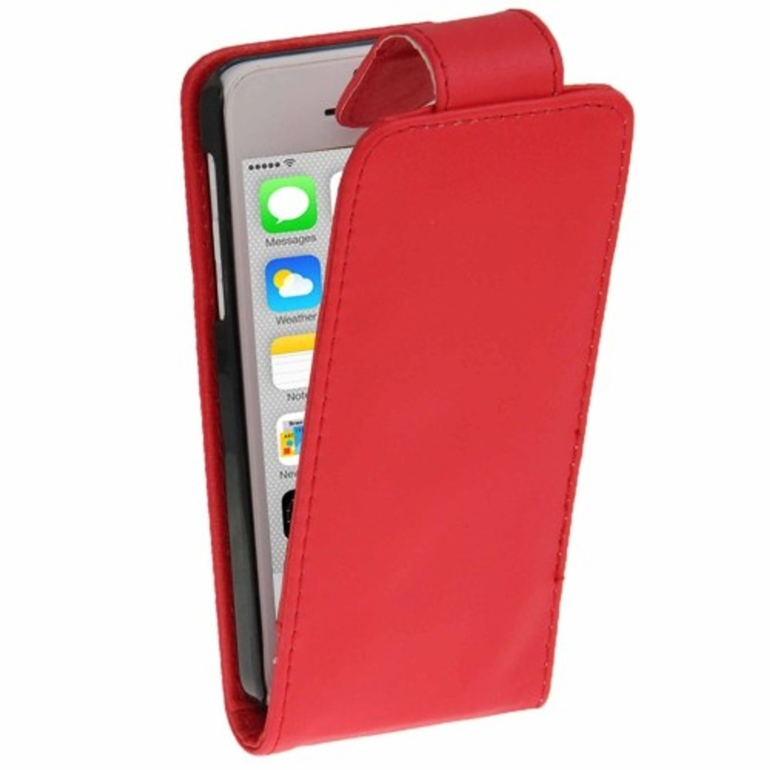 Rote Leder-Handyhülle mit einem Telefon darin.