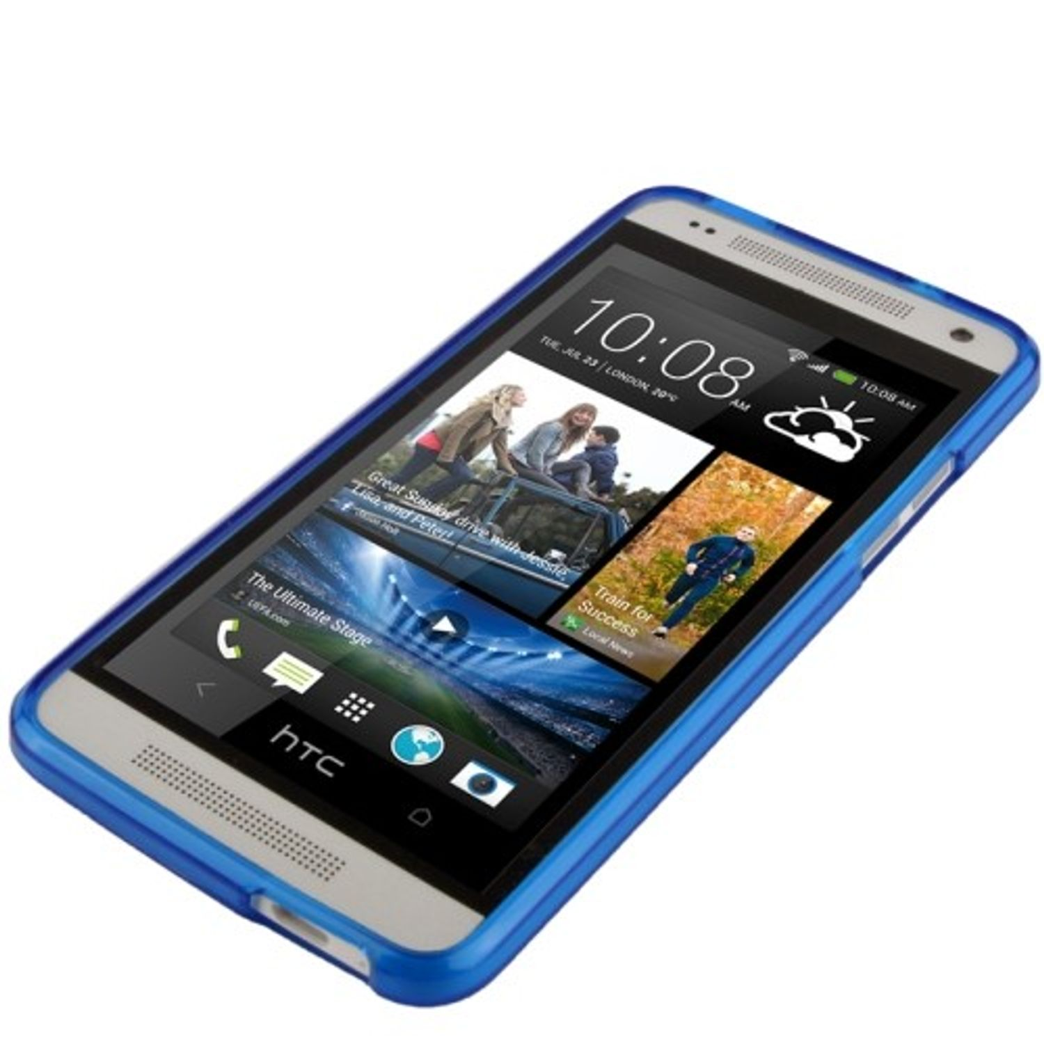 Ein Telefon in einer blauen Hülle. Das Telefon zeigt einen Bildschirm mit Personen und Nachrichten.