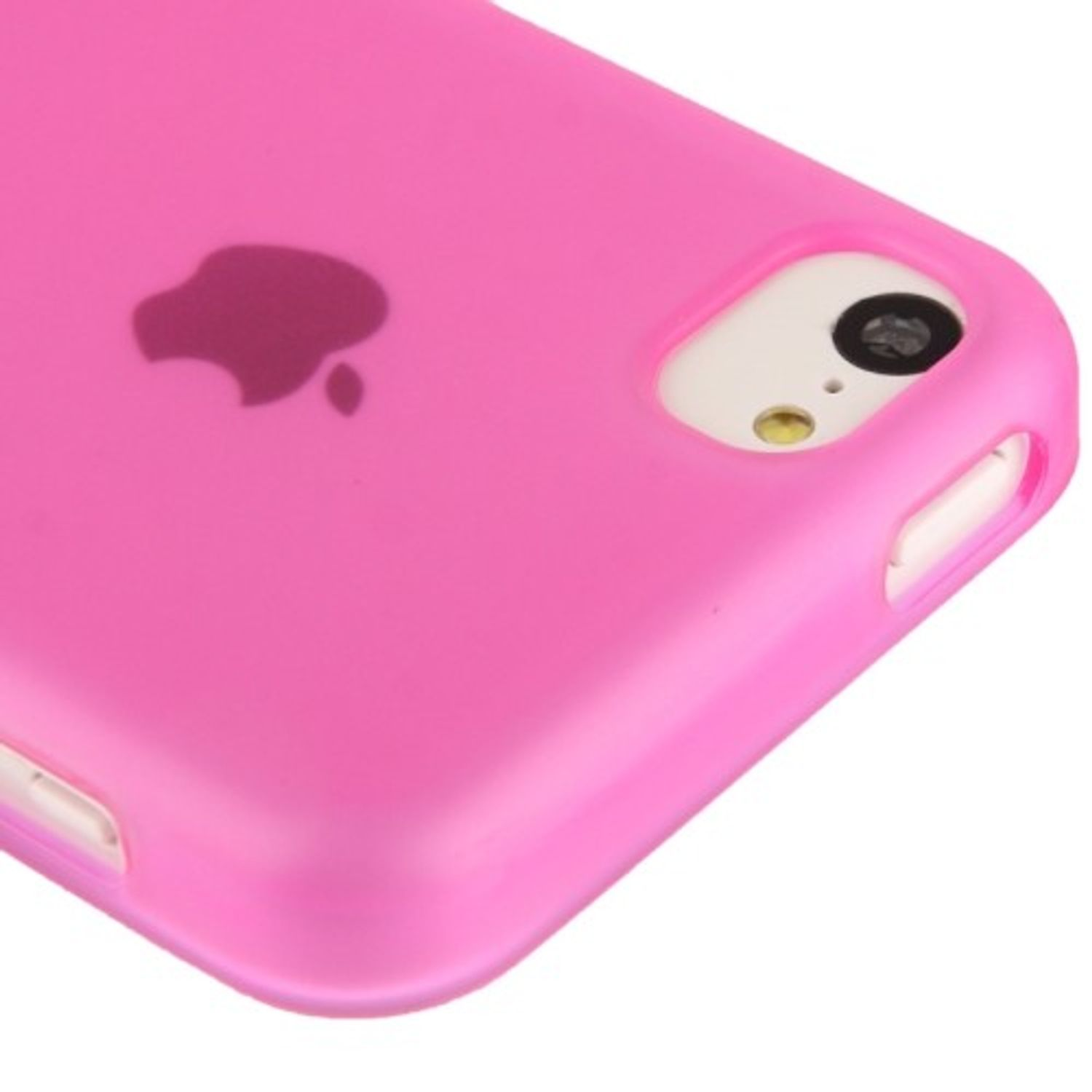 Eine pinke Handyhülle mit dem Apple-Logo. Die Handyhülle hat einen weißen Kamerabereich.