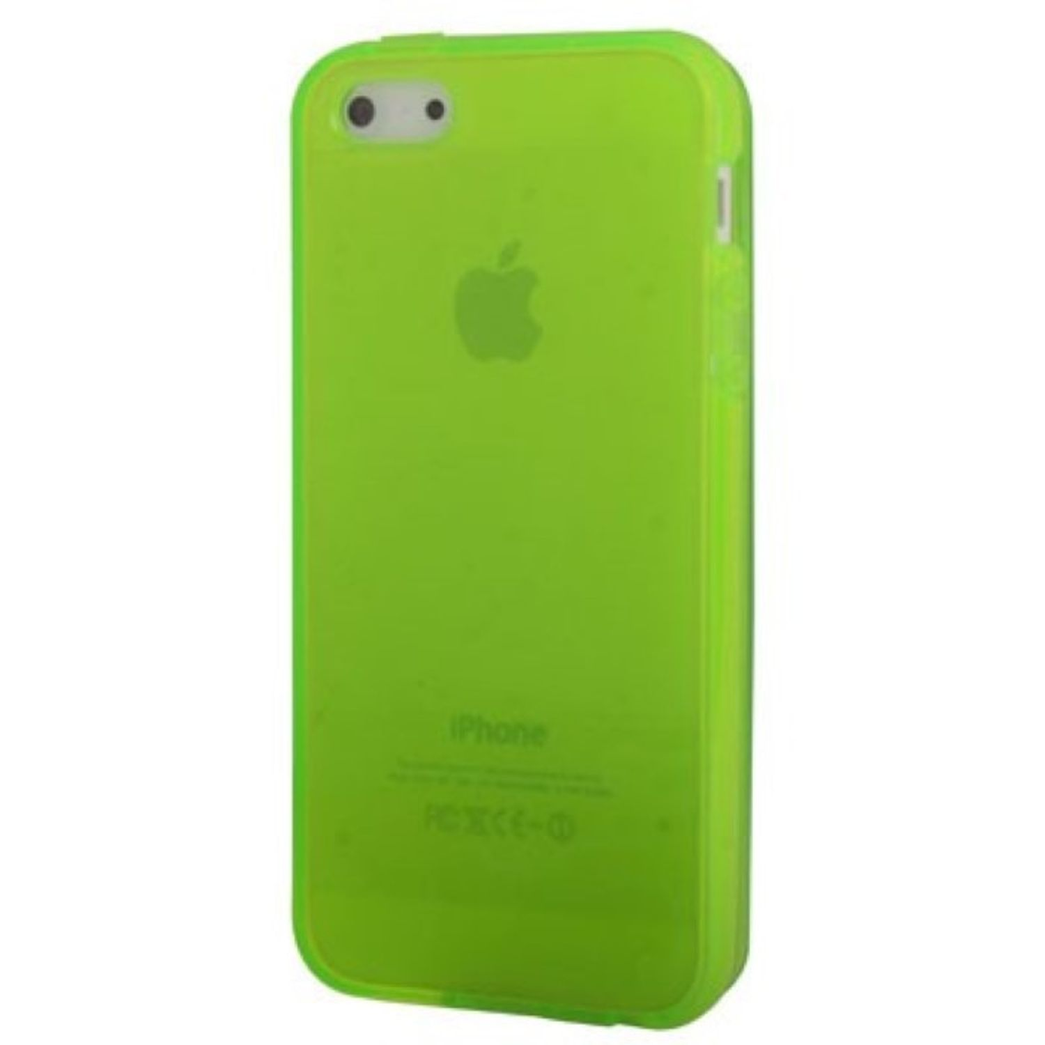 Grünes iPhone in einer neongrünen Hülle. Auf der Rückseite ist das Apple-Logo zu sehen.