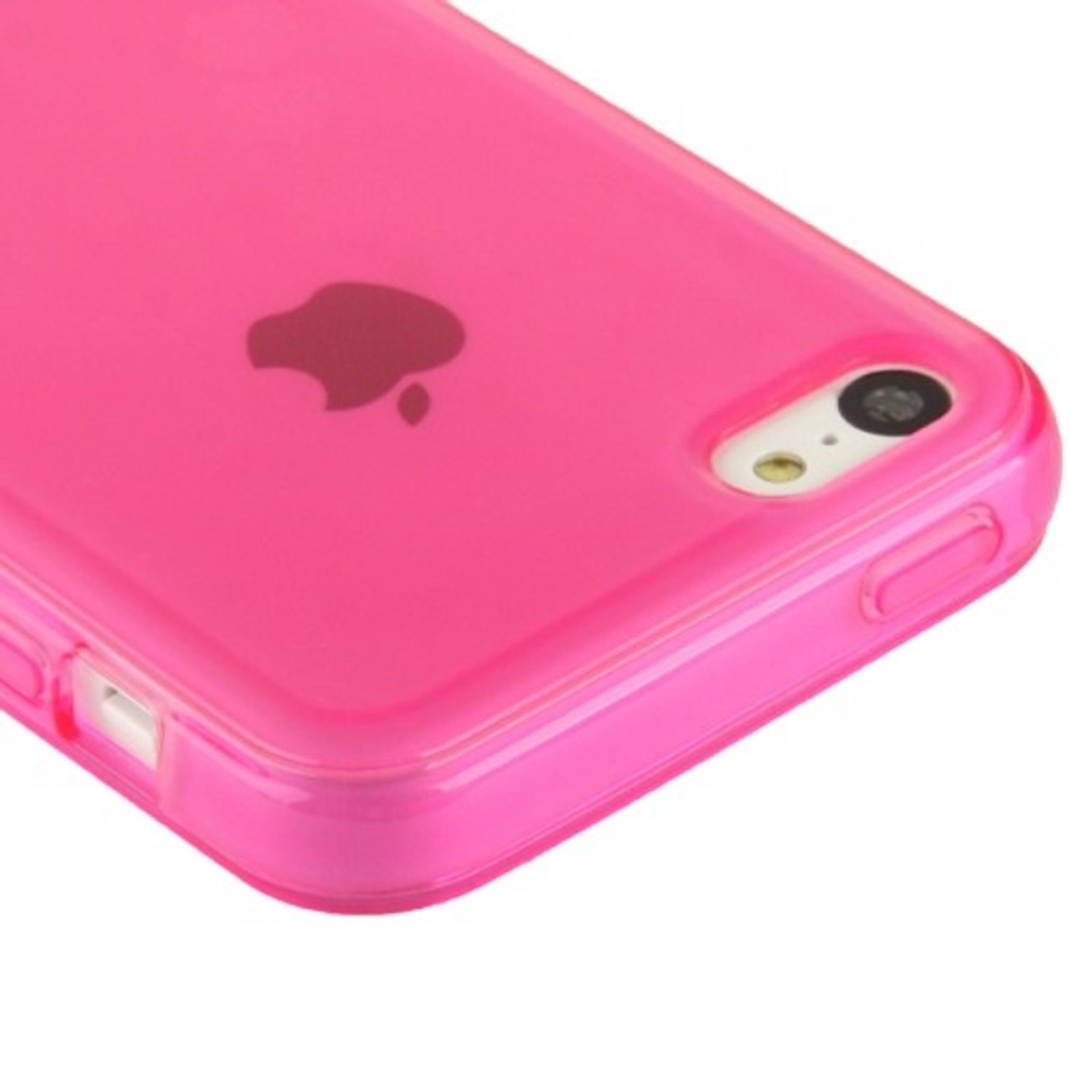 Pinke Handyhülle mit Apple-Logo. Kamera- und Knopflöcher sichtbar. Transparente Seiten.