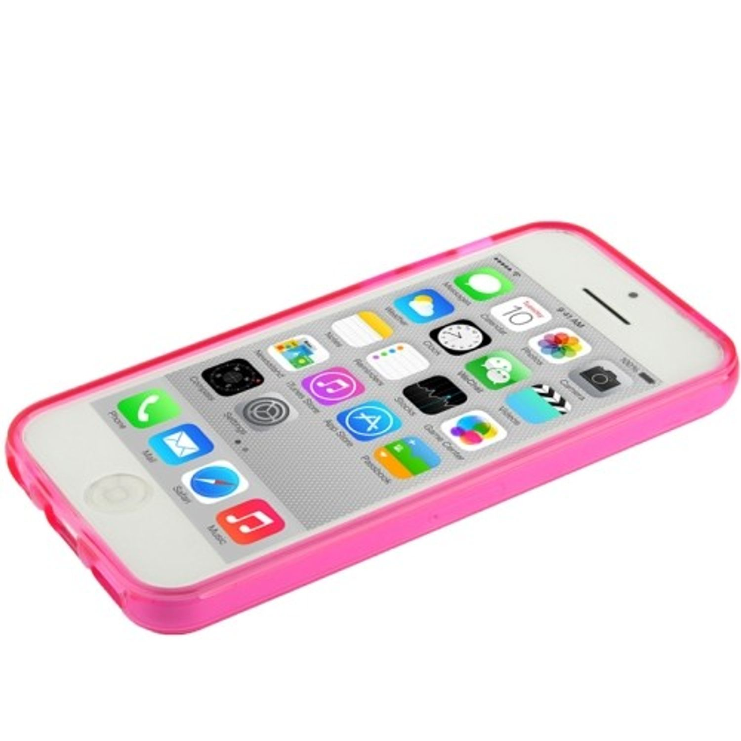 Weißes Smartphone mit pinkfarbener Hülle. Der Bildschirm zeigt verschiedene App-Symbole. Es liegt auf weißem Untergrund.