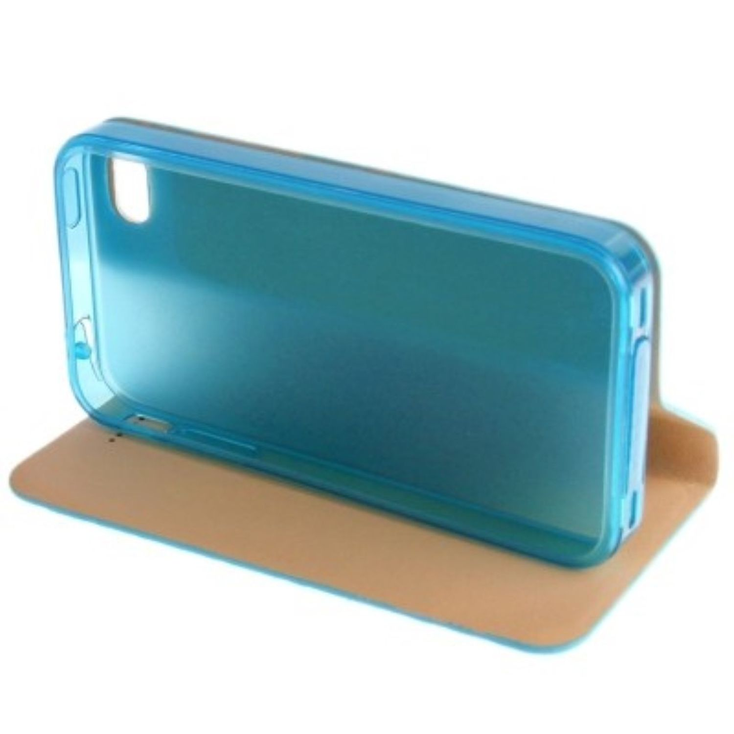 Eine transparente blaue Handyhülle ist geöffnet und zeigt das Innere. Die Hülle befindet sich in einem braunen Etui.