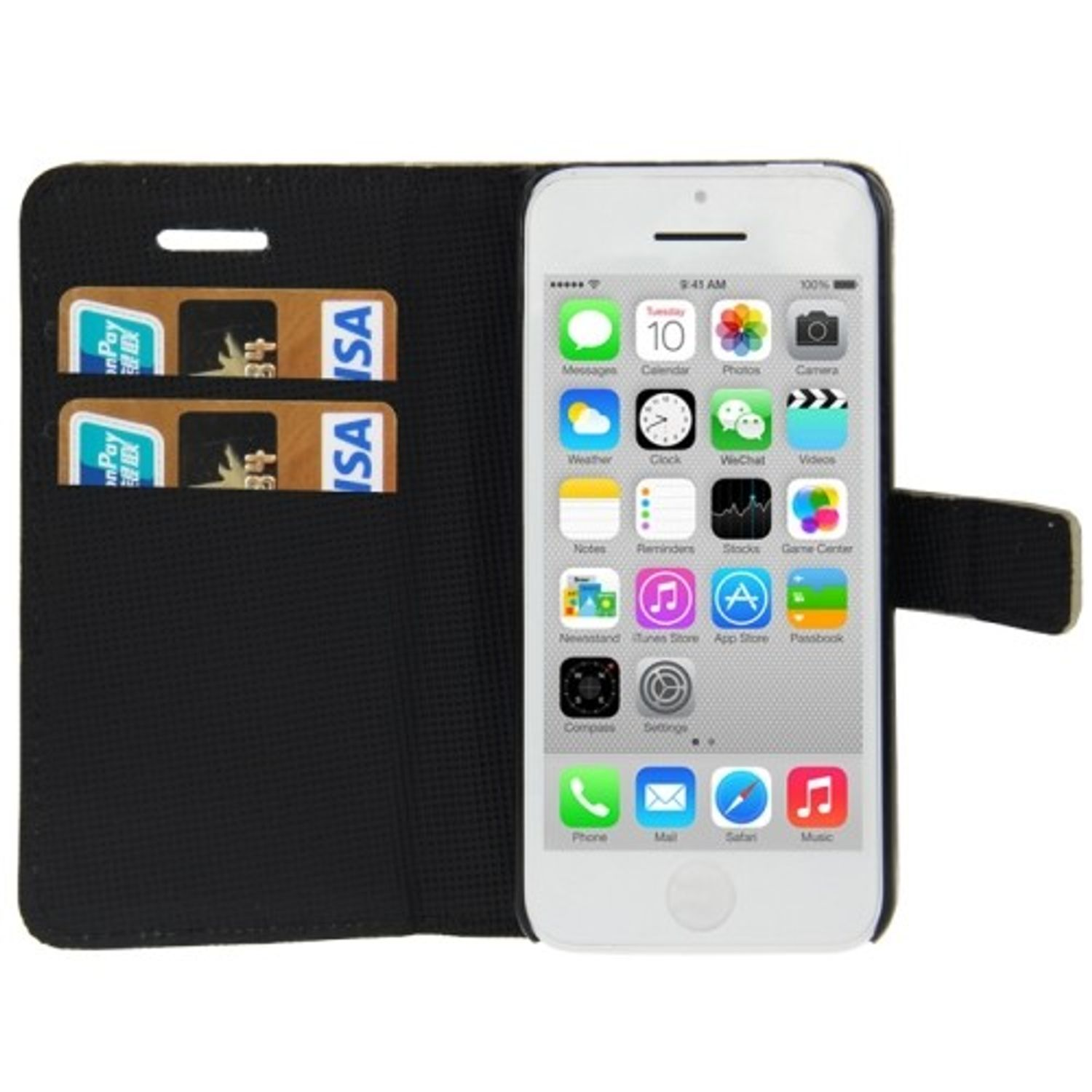 Telefon in einer Brieftaschenhülle. Bildschirm zeigt Apps. Karten in der Hülle. Weißer Hintergrund.