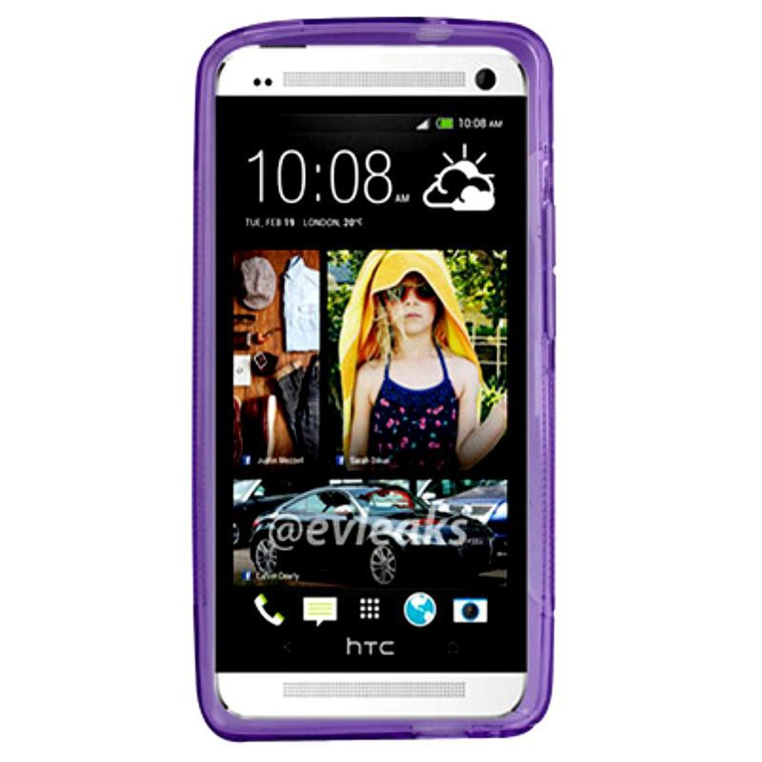 Smartphone mit lila Hülle, zeigt Uhrzeit, Wetter, Foto und Apps.