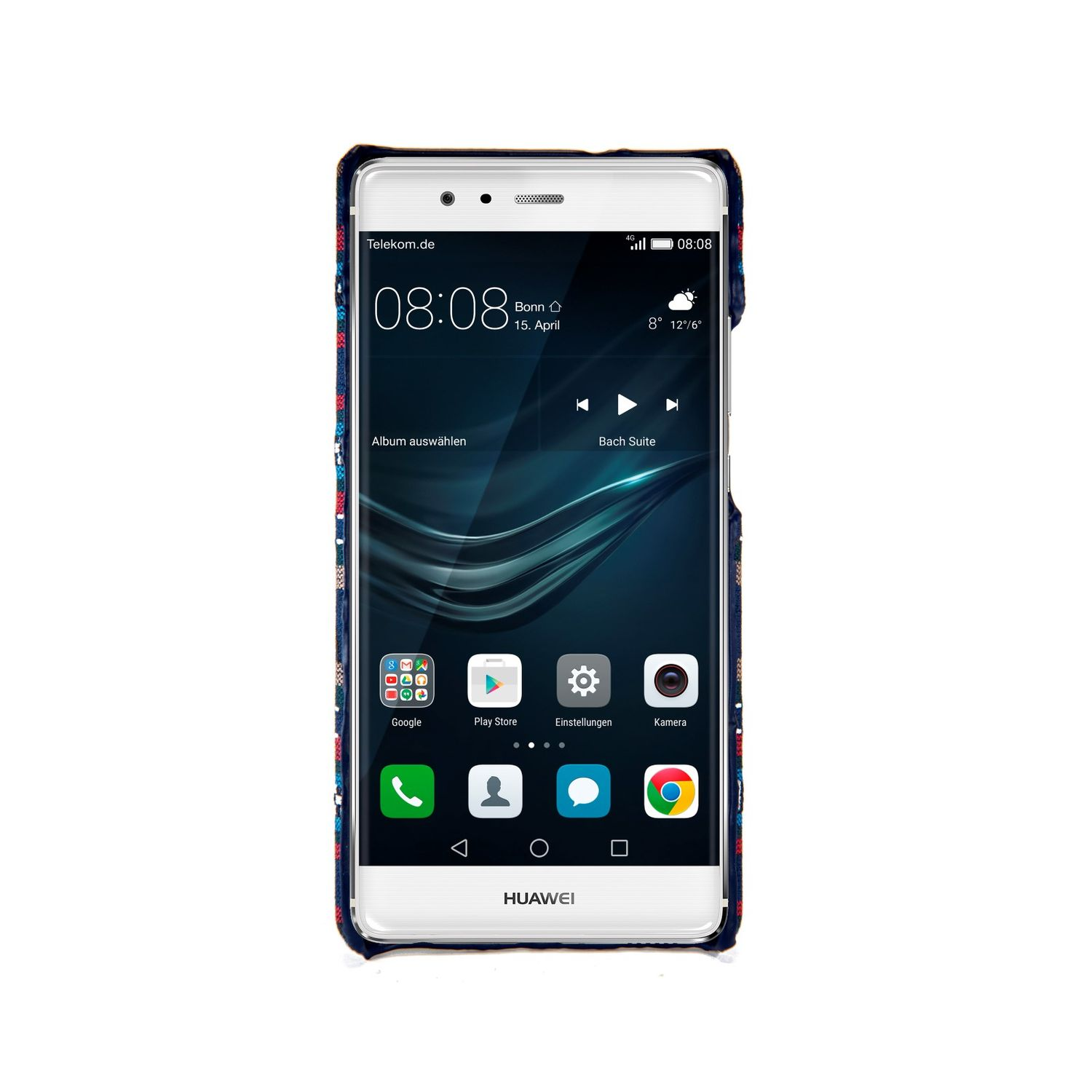 Ein Huawei-Telefon ist geöffnet, mit einem Bildschirm, der eine App-Anzeige zeigt. Weißer Hintergrund.