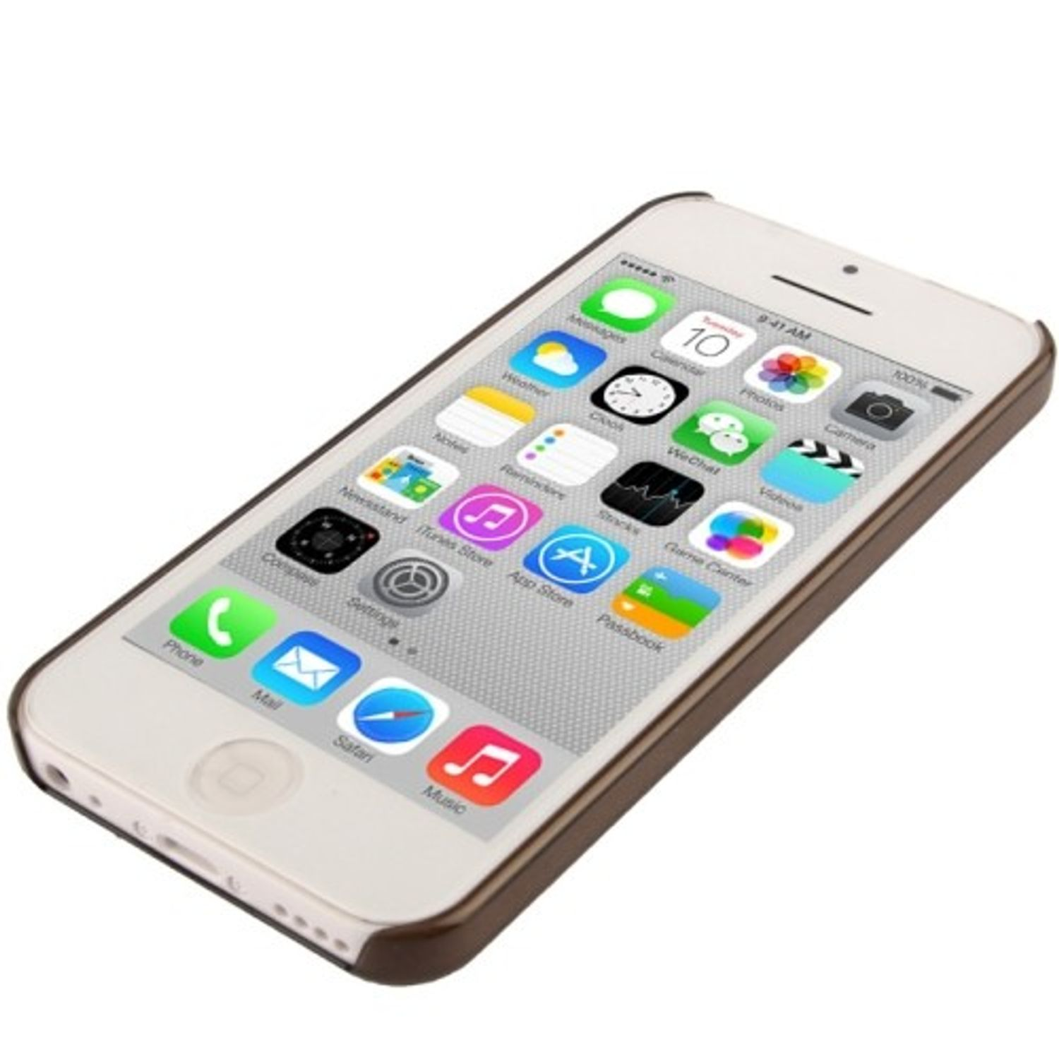 iPhone mit angezeigten Apps, in braunem Gehäuse, vor weißem Hintergrund.