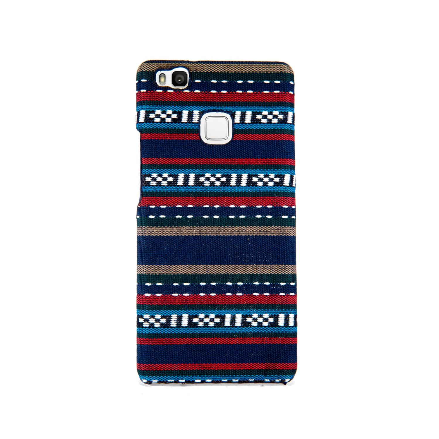Handyhülle mit einem gemusterten Design aus roten, blauen und weißen Streifen. Weißer Hintergrund.