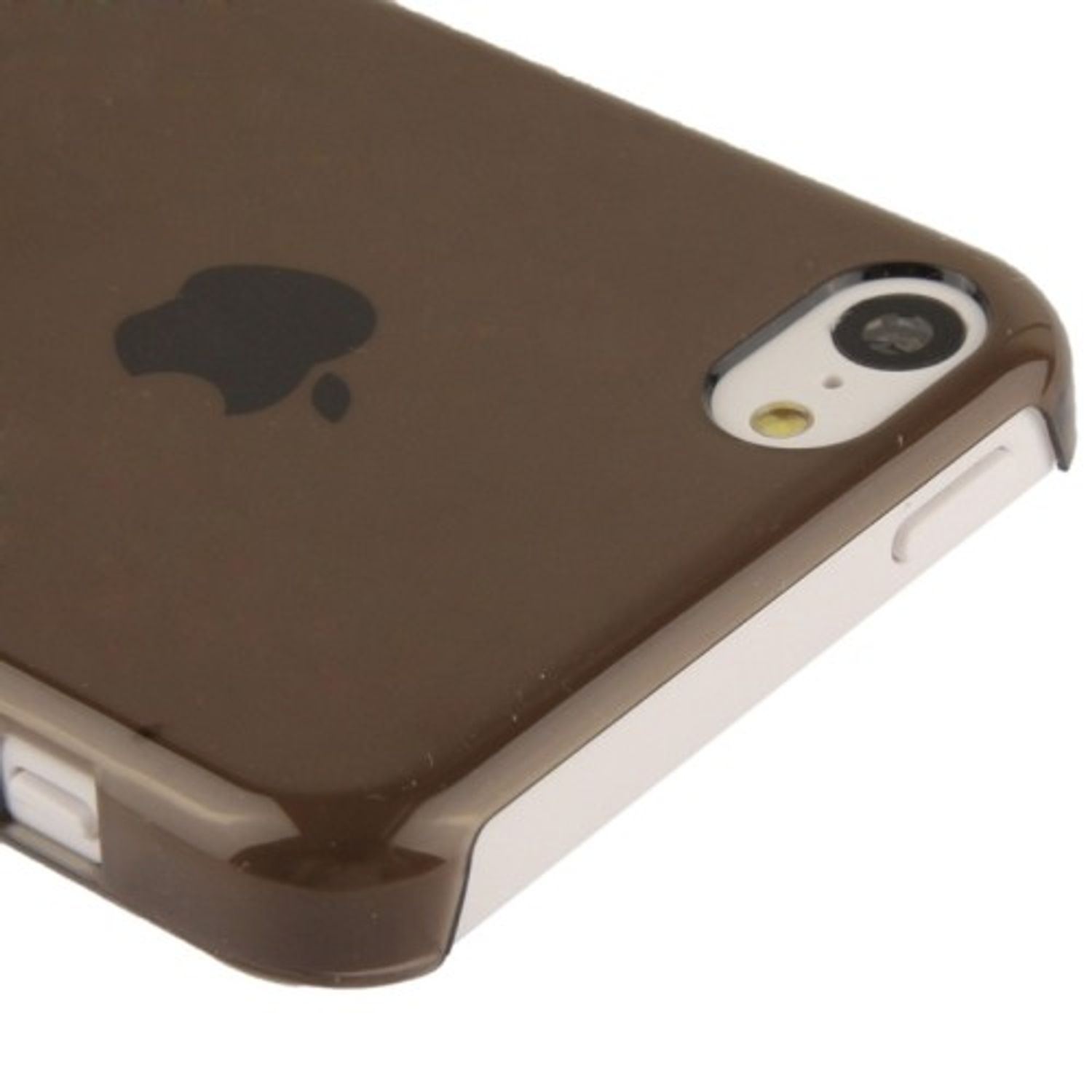 Telefon in brauner Hülle, Apple-Logo sichtbar. Weißer Hintergrund.