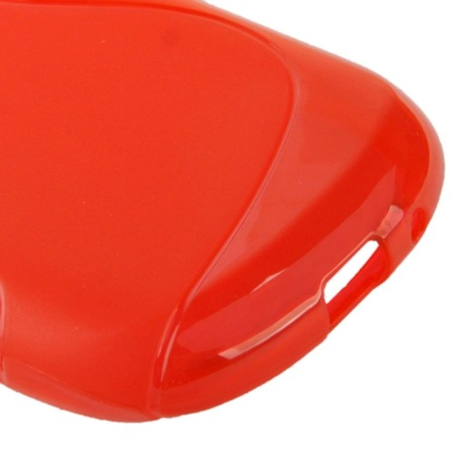 Eine rote Handyhülle. Sie hat ein geschwungenes Design mit Aussparungen für die Kamera und ein schlankes Aussehen.