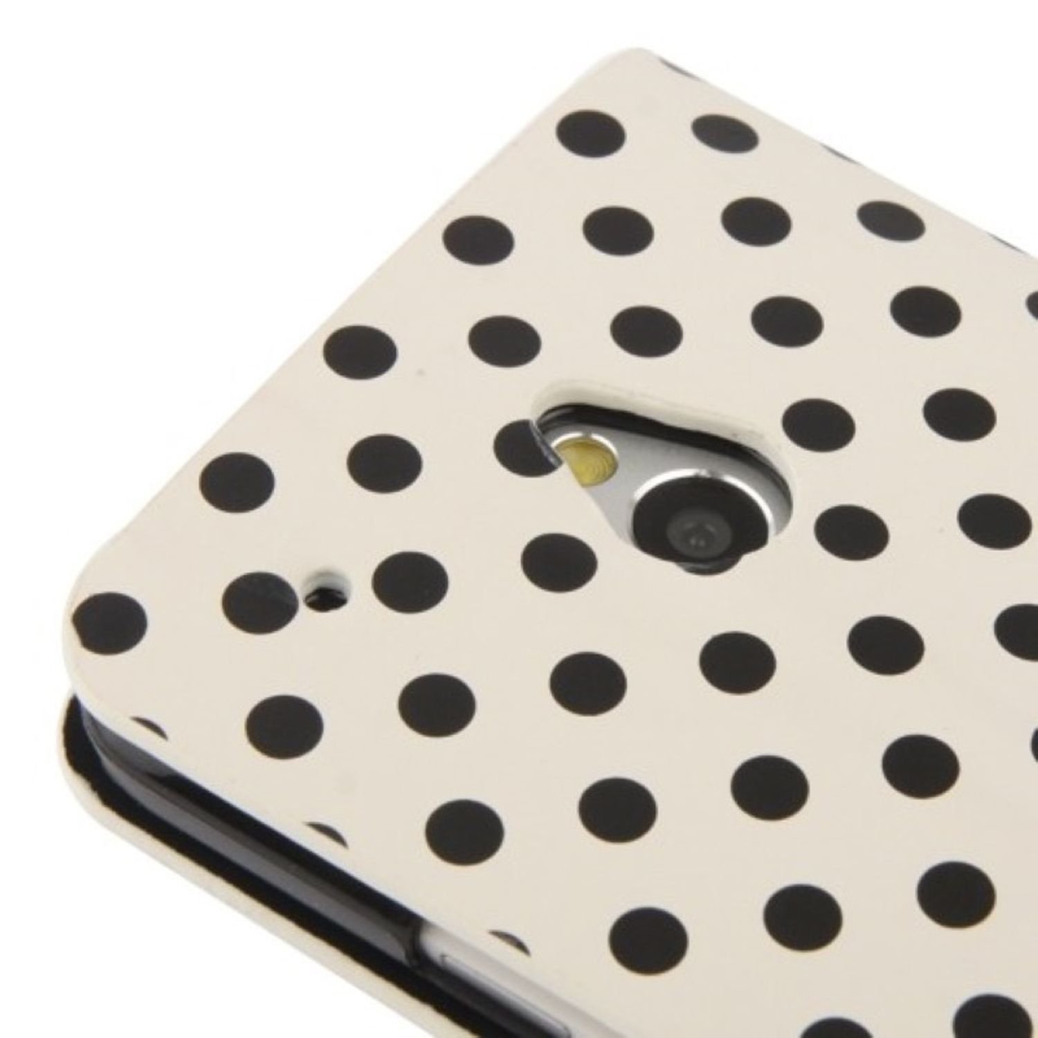Eine Handyhülle mit einem schwarzen Polka-Dot-Muster auf weißem Grund.