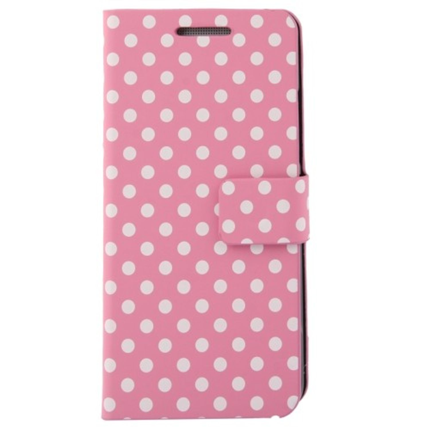 Rosa Handyhülle mit weißen Polka Dots, mit Klappe und Magnetverschluss.