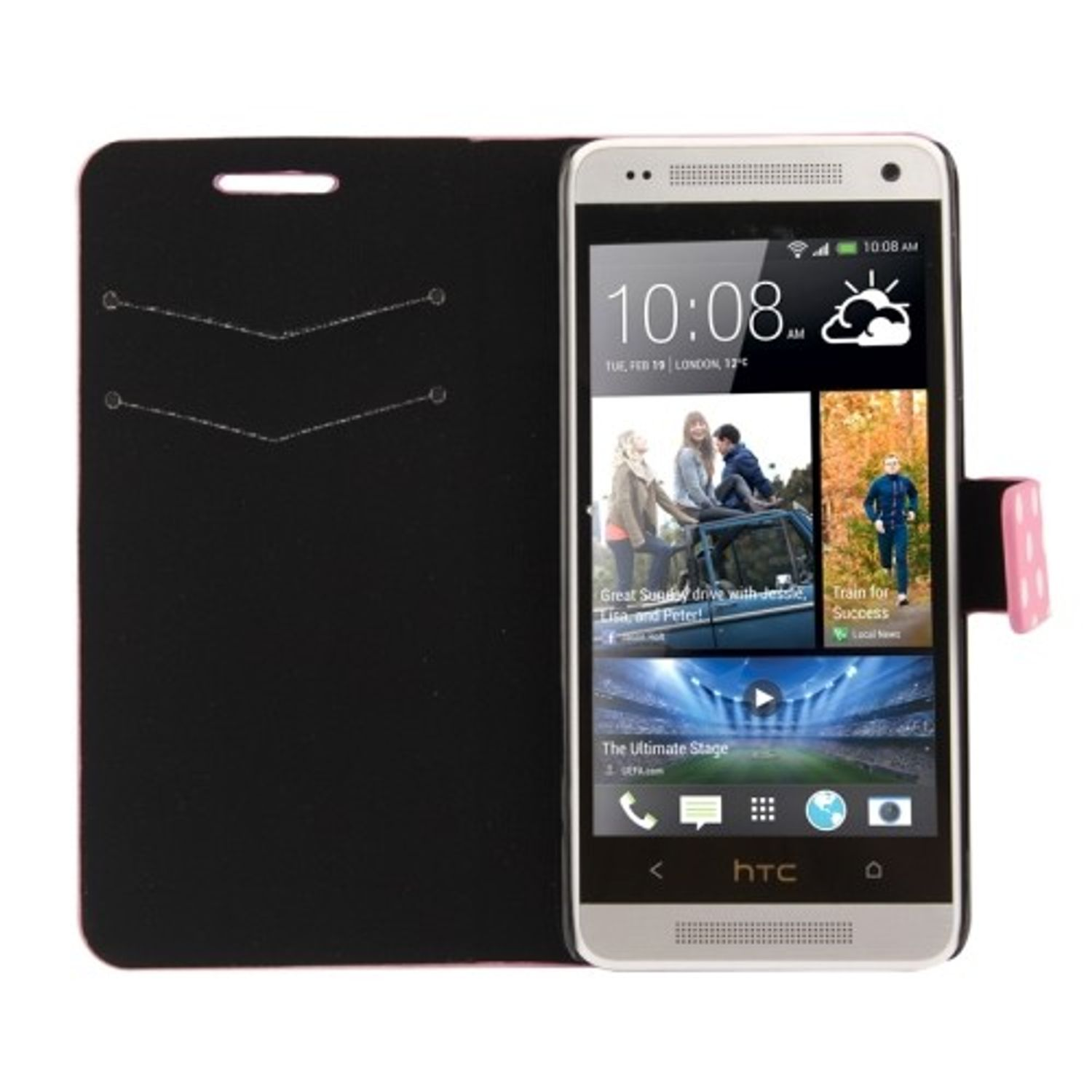 Telefon, das einen Bildschirm in einem schwarz-rosa Gehäuse anzeigt.
