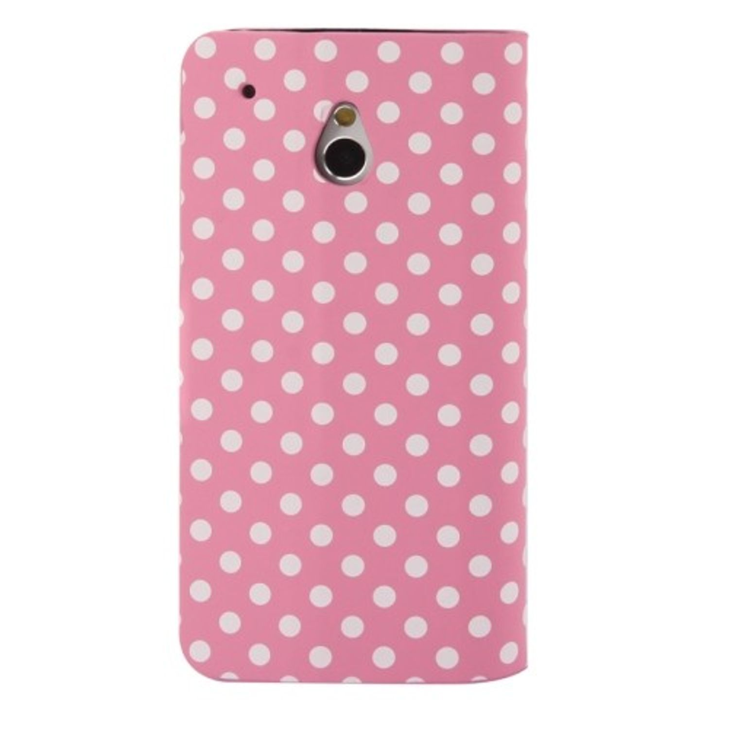 Rosa Handyhülle mit weißen Polka Dots, Kameraloch oben mittig.