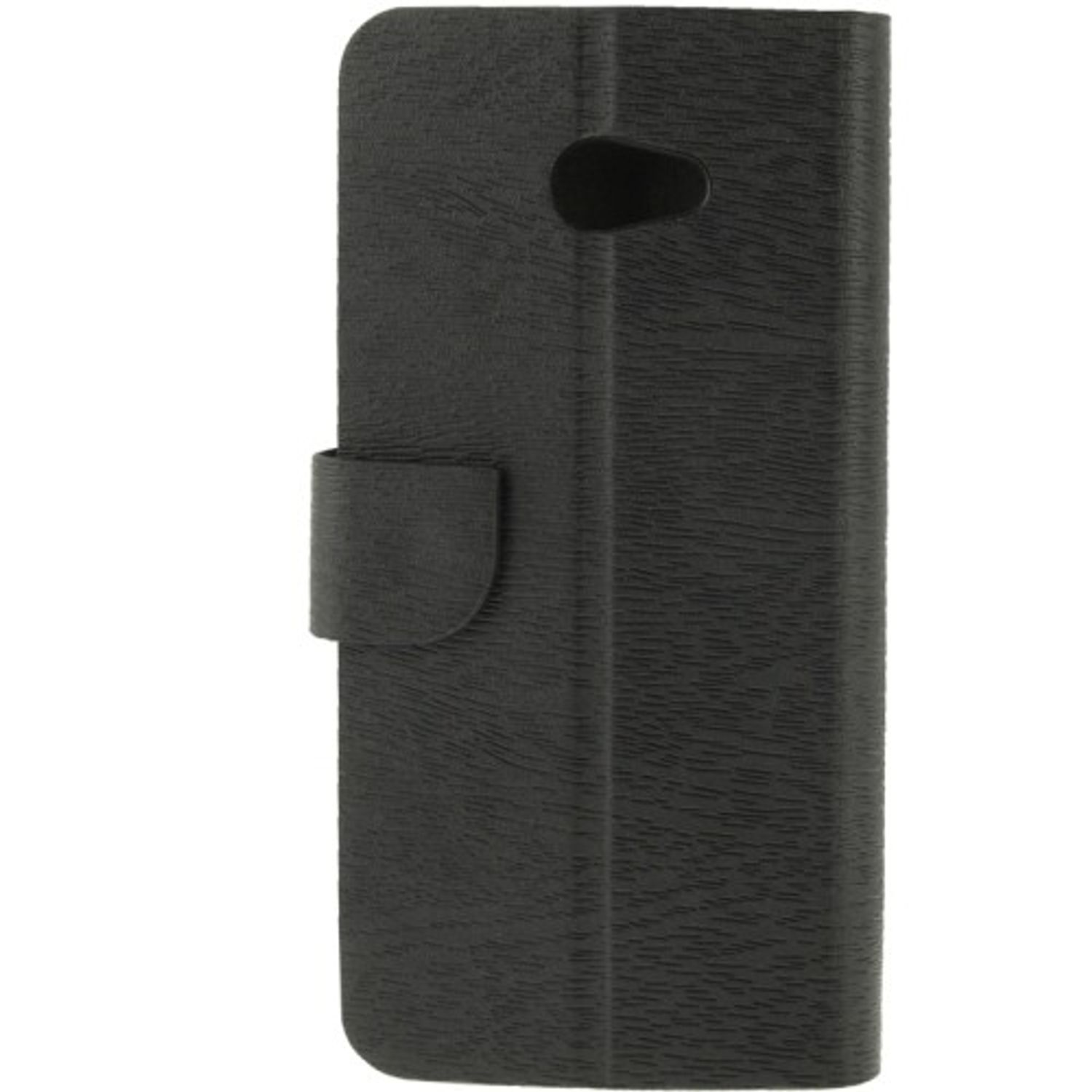 Schwarze Handyhülle, geschlossen, mit strukturierter Oberfläche und Klappe.