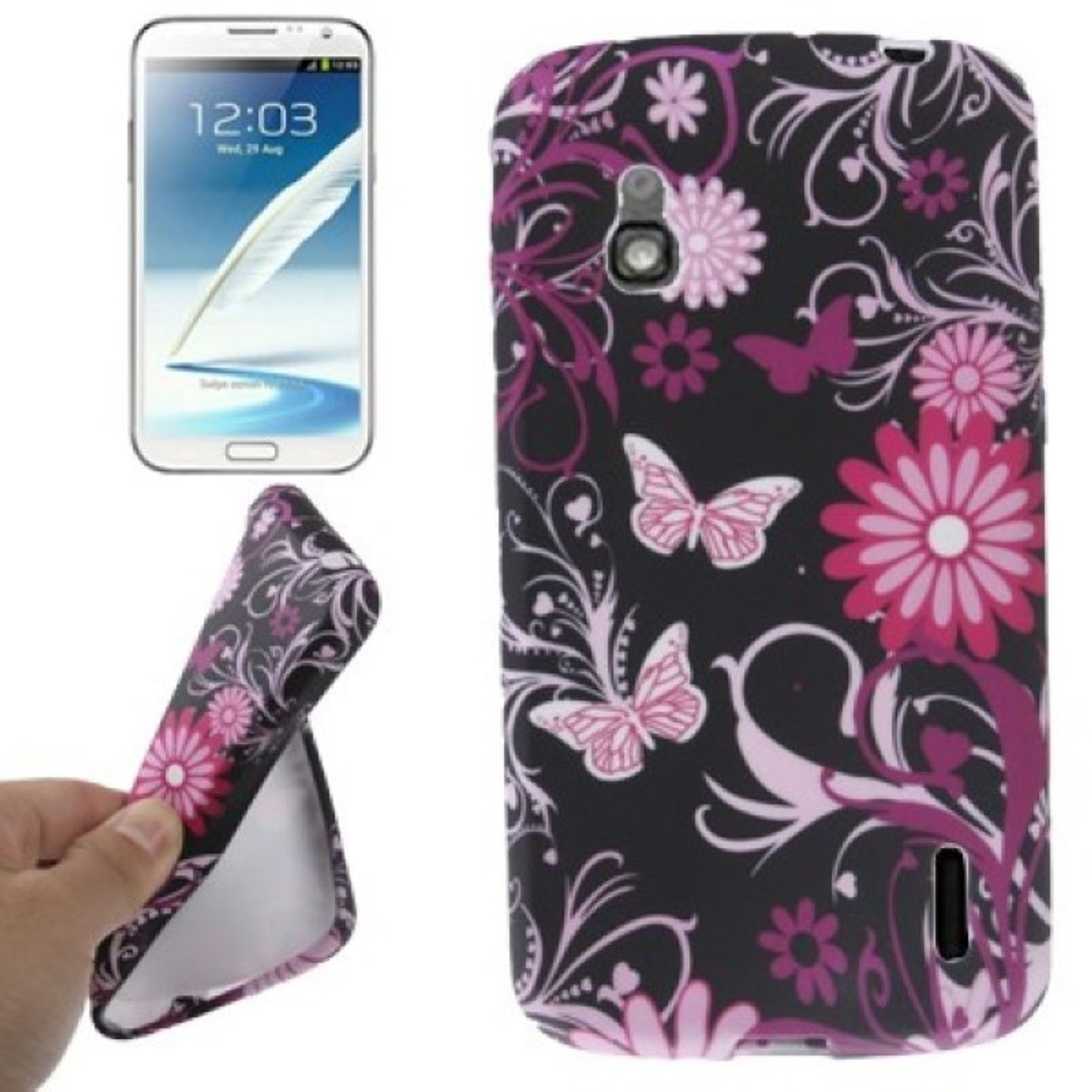 Schwarze Handyhülle mit rosa Blumen, Schmetterlingen und Wirbeln neben Telefon.